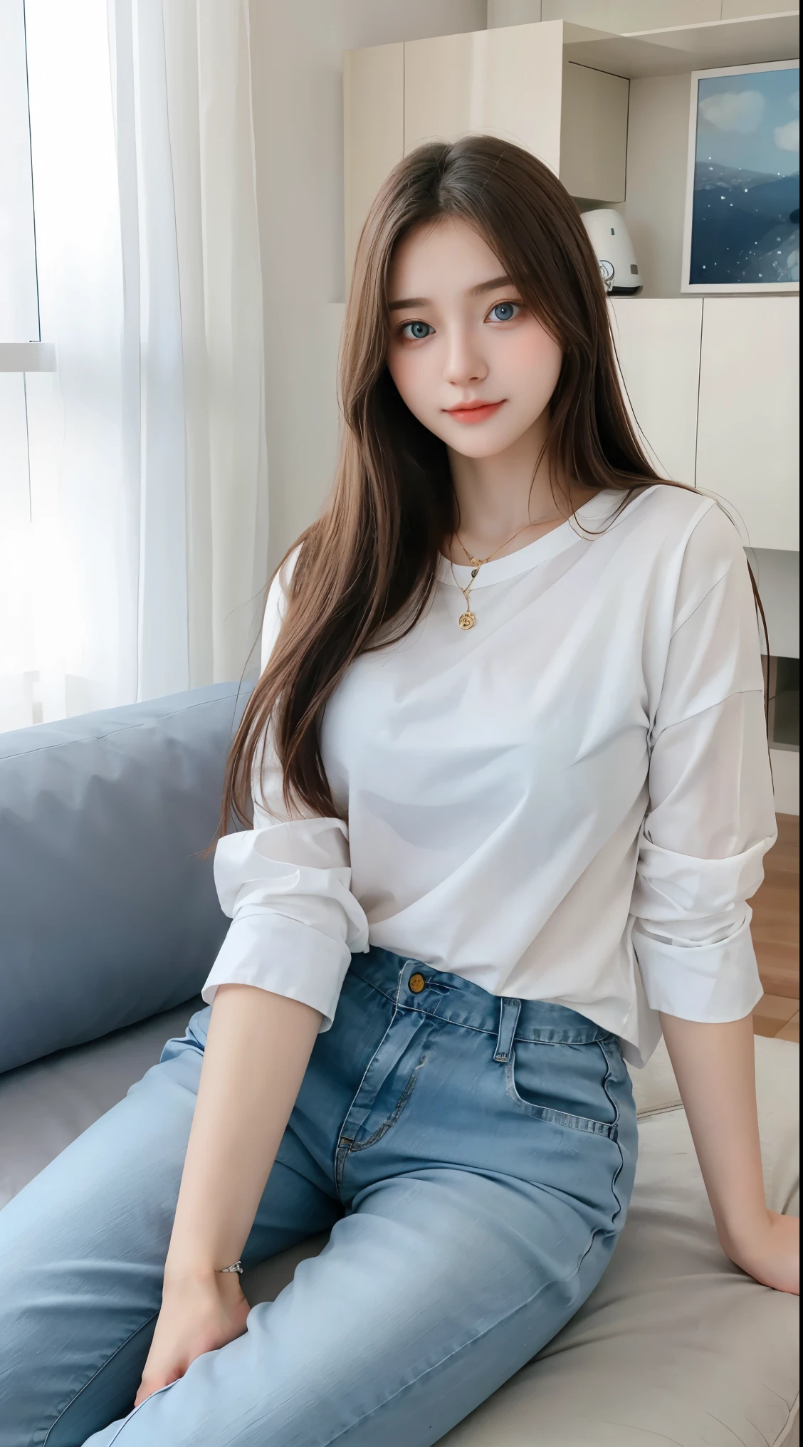 Gorgeus Girl, Beautiful, , 20 Years Old, White Skin, Sexy Pose, long shirt and pants, Blue Eye, Bokeh, livingroom Background, Masterpiece, Fullbody Shot, sitting in the sofa