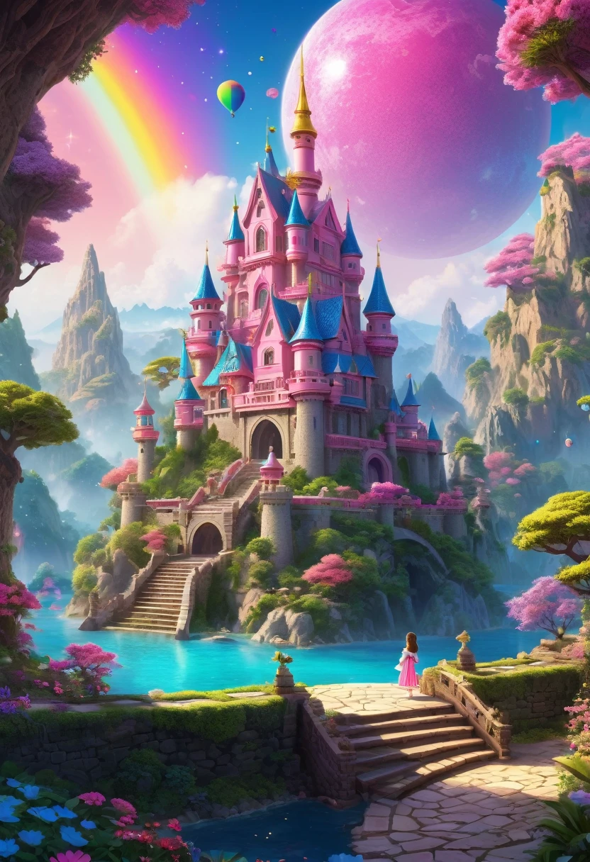 Surreal, Stereogram, Air pressure, Super Detail, Acura, best quality, 超HD, masterpiece, Anatomically correct, 16K, high resolution,Pink Space,1. Little Girl,Located in the magical castle,Magic Forest Castle,A castle built with blocks,错综complex的奇幻小镇, Search for lost treasure,Geometric space,Unordered regular three-dimensional pattern,There are lots of little doll houses and buildings,Space for the rainbow,fantasy color fantasy treasure hunt fantasy,Mysterious treasure,Sparkling treasure,Great numbers(Control theory), Art Station, detailed, complex, Mathil, Digital art, HD, 8k, Whimsical fantasy landscape art, Extremely detailed fantasies,Big breasts are beautiful, high quality,electronic 8k
