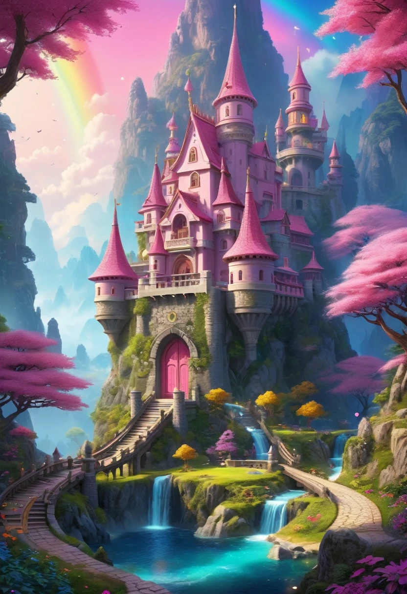 Surreal, Stereogram, Air pressure, Super Detail, Acura, best quality, 超HD, masterpiece, Anatomically correct, 16K, high resolution，Pink Space，1. ，Located in the magical castle，Magic Forest Castle，A castle built with blocks，错综complex的奇幻小镇, Search for lost treasure，Geometric space，Unordered regular three-dimensional pattern，There are lots of little doll houses and buildings，Space for the rainbow，fantasy color fantasy treasure hunt fantasy，Mysterious treasure，Sparkling treasure，Great numbers（Control theory）， Art Station， detailed， complex， Mathil， Digital art， HD， 8k， Whimsical fantasy landscape art, Extremely detailed fantasies,Big breastsful， high quality，electronic 8k