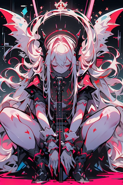  with long white hair, Wearing a Christmas style red costume, Happy, Playing the violin, close your eyes, slim, Harmless, Six big black angel wings, Sitting pose, Bad guy,Shining clothing quality, Severe,Neon pink and blue lights, Neon Style