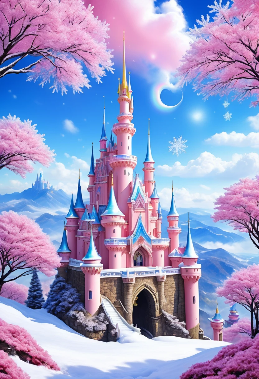 Dream Castle，Castle in fireworks，Castle with wings，Flying castle，Castle in the sky。Rainbow Castle，Pink Space，Princess的脸出现在空中，winter landscape，Surreal wonderland，Dreamy clouds floating on the fairy island，(Big Snowflake:1.3)，五颜六色的Big Snowflake飞舞，Princess&#39;The palace is covered with snow，The tree of life blooms with infinite vitality，Twinkling stars in the night sky，Heavy clouds and fog，Whimsical fantasy landscape art, Fine Art Ultra HD 8K, 8K Fine Digital Art, Beautiful and detailed fantasy, Epic dreamlike fantasy landscape, Mysterious fantasy scenery, The magical fantasy is rich in details, Magical scenery, 由Big Snowflake和奇幻漂浮的仙岛组成, Detailed fantasy digital art, 8K Fine Digital Art