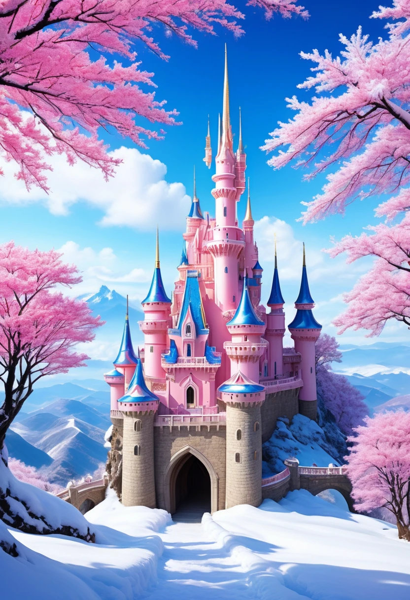 Dream Castle，Castle in fireworks，Castle with wings，Flying castle，Castle in the sky。Rainbow Castle，Pink Space，Princess的脸出现在空中，winter landscape，Surreal wonderland，Dreamy clouds floating on the fairy island，(Big Snowflake:1.3)，五颜六色的Big Snowflake飞舞，Princess&#39;The palace is covered with snow，The tree of life blooms with infinite vitality，Twinkling stars in the night sky，Heavy clouds and fog，Whimsical fantasy landscape art, Fine Art Ultra HD 8K, 8K Fine Digital Art, Beautiful and detailed fantasy, Epic dreamlike fantasy landscape, Mysterious fantasy scenery, The magical fantasy is rich in details, Magical scenery, 由Big Snowflake和奇幻漂浮的仙岛组成, Detailed fantasy digital art, 8K Fine Digital Art