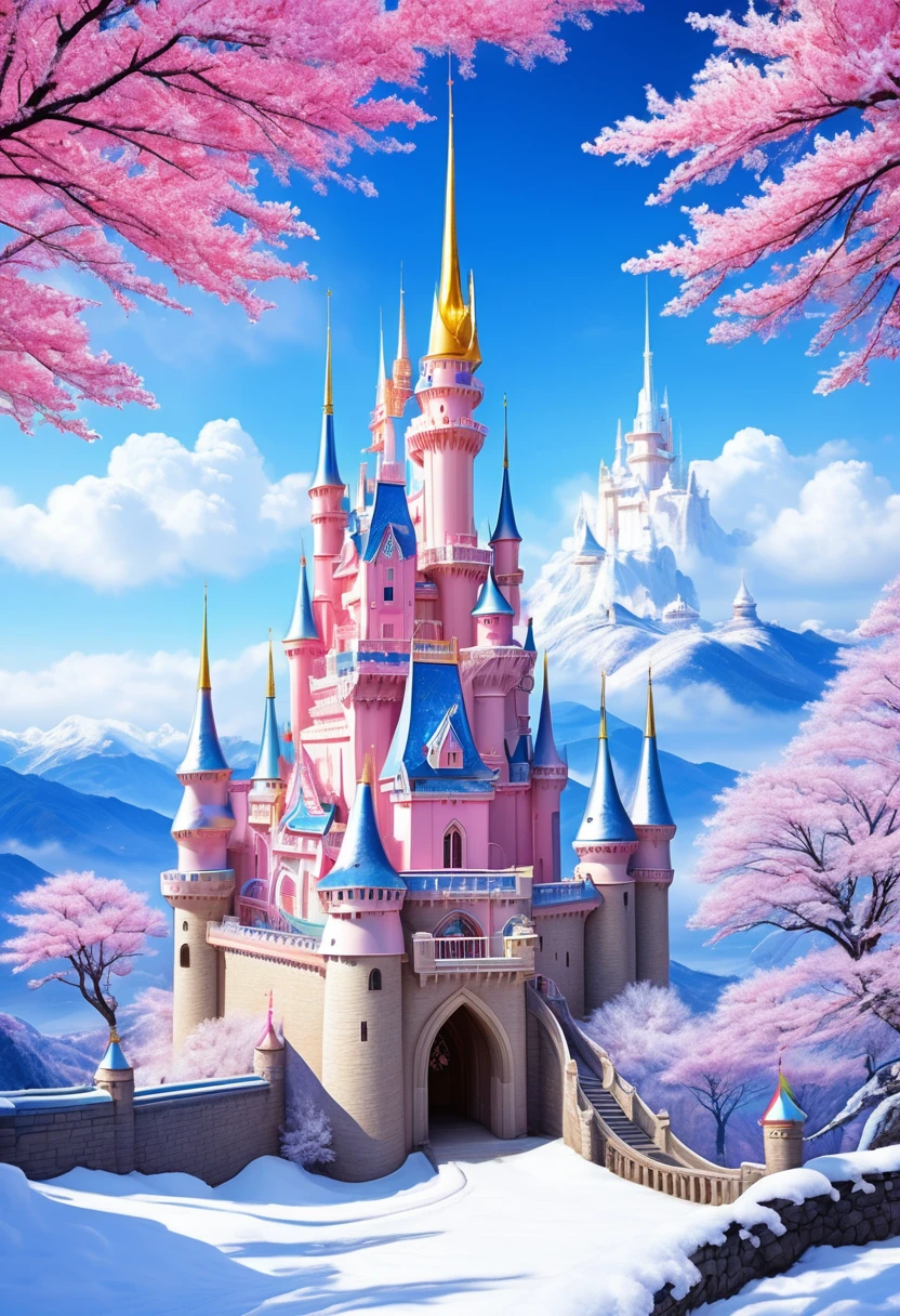 Dream Castle，Castle in fireworks，Castle with wings，Flying castle，Castle in the sky。Rainbow Castle，Pink Space，Princess的脸出现在空中，winter landscape，Surreal wonderland，Dreamy clouds floating on the fairy island，(Big Snowflake:1.3)，五颜六色的Big Snowflake飞舞，Princess&#39;The palace is covered with snow，The tree of life blooms with infinite vitality，Twinkling stars in the night sky，Heavy clouds and fog，Whimsical fantasy landscape art, Fine Art Ultra HD 8K, 8K Fine Digital Art, Beautiful and detailed fantasy, Epic dreamlike fantasy landscape, Mysterious fantasy scenery, The magical fantasy is rich in details, Magical scenery, 由Big Snowflake和奇幻漂浮的仙岛组成, Detailed fantasy digital art, 8K Fine Digital Art