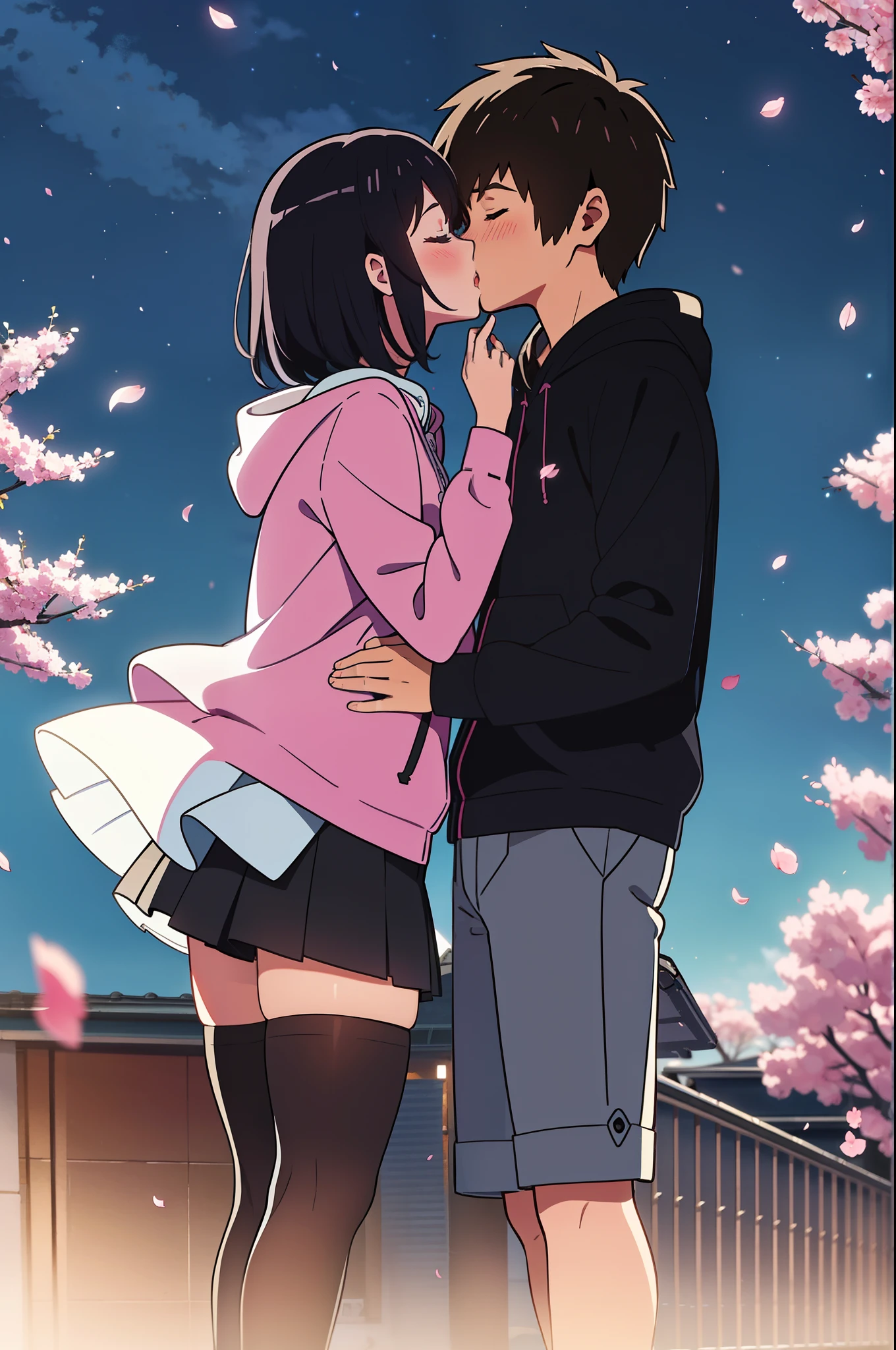 shinkai makoto, kimi no na wa., 1girl, 1boy, bangs, black hair, short hair, blush, casual clothes (boy wear shorts), ((girl wear skirt)), hood, hoodie, cute, love, couple, adorable, dating, (((kiss, deep kiss))), closed eyes, outdoors, night, night sky, dynamic lights, cherry_blossoms, falling_petals, petals, branch, pink_flower, spring_season, wind, tree, upper-body