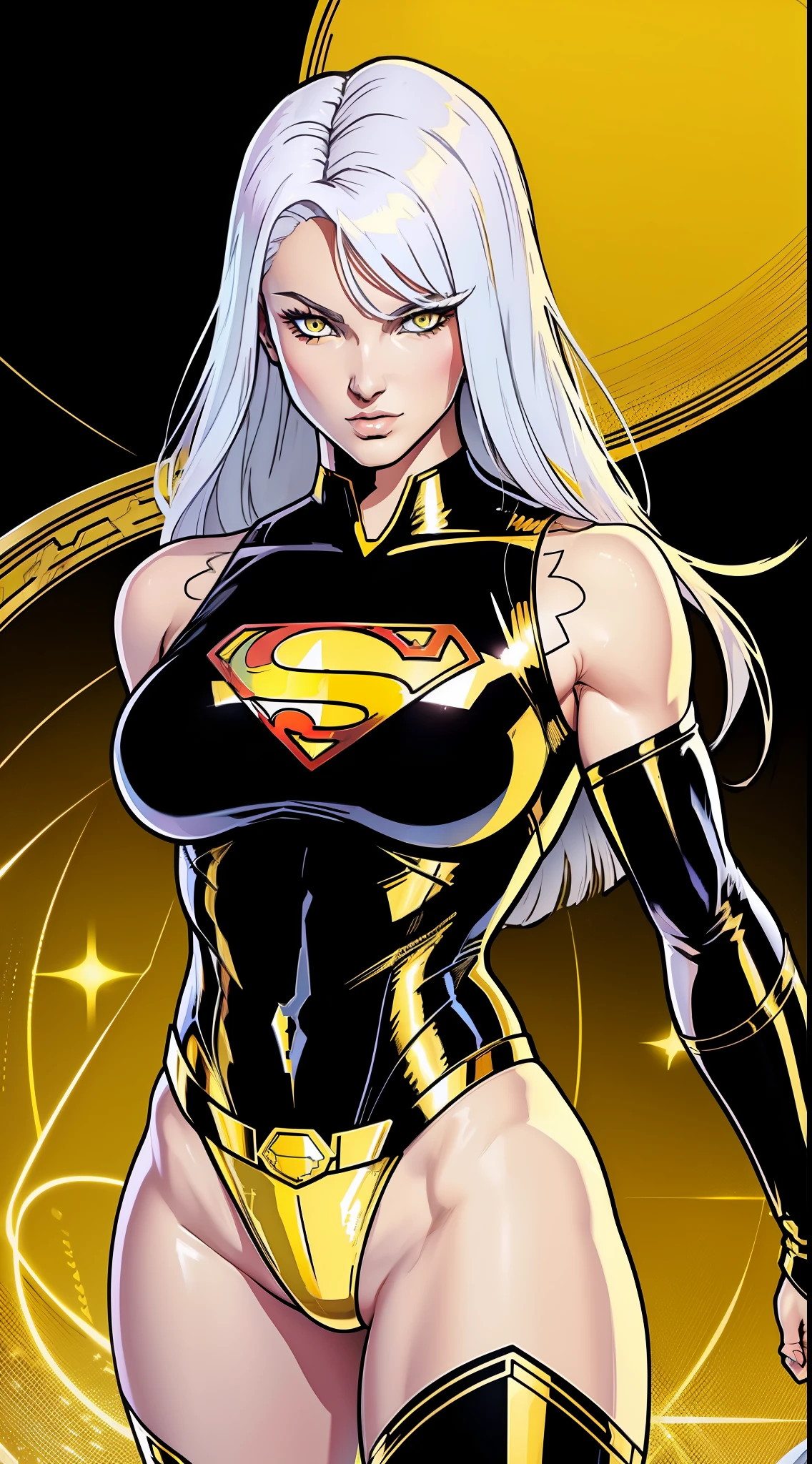 A beautiful and sexy woman with long white hair and yellow eyes wearing black and gold Superman armor