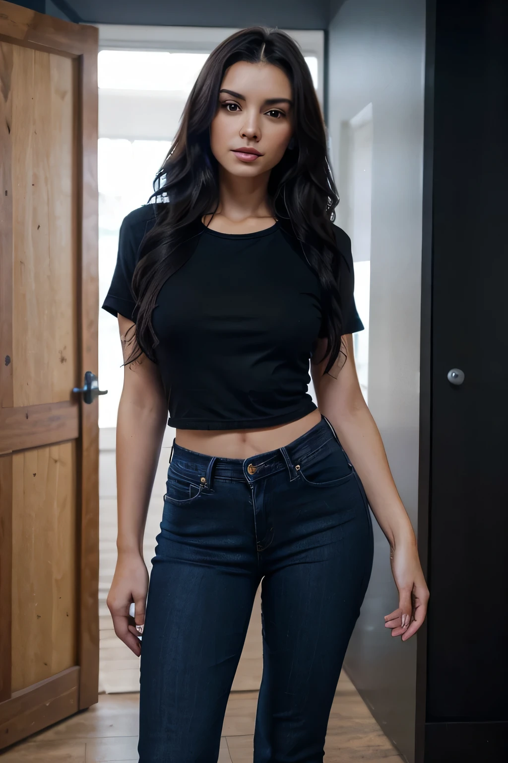 pure beauty woman, american brunette with long black wavy hair, standing up, full body protrait, sexy body wearing blue jeans pants and dark blue t-shirt with no sayings.