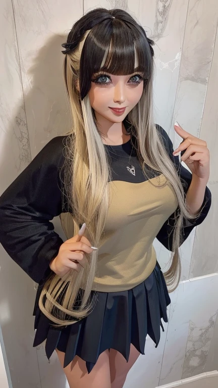 ((best quality)), ((muste piece)), (detailed face), (highlight), princess、Big breasts、blunt bangs、black hair、Eyelash-emphasizing makeup、combat uniform、skirt、
