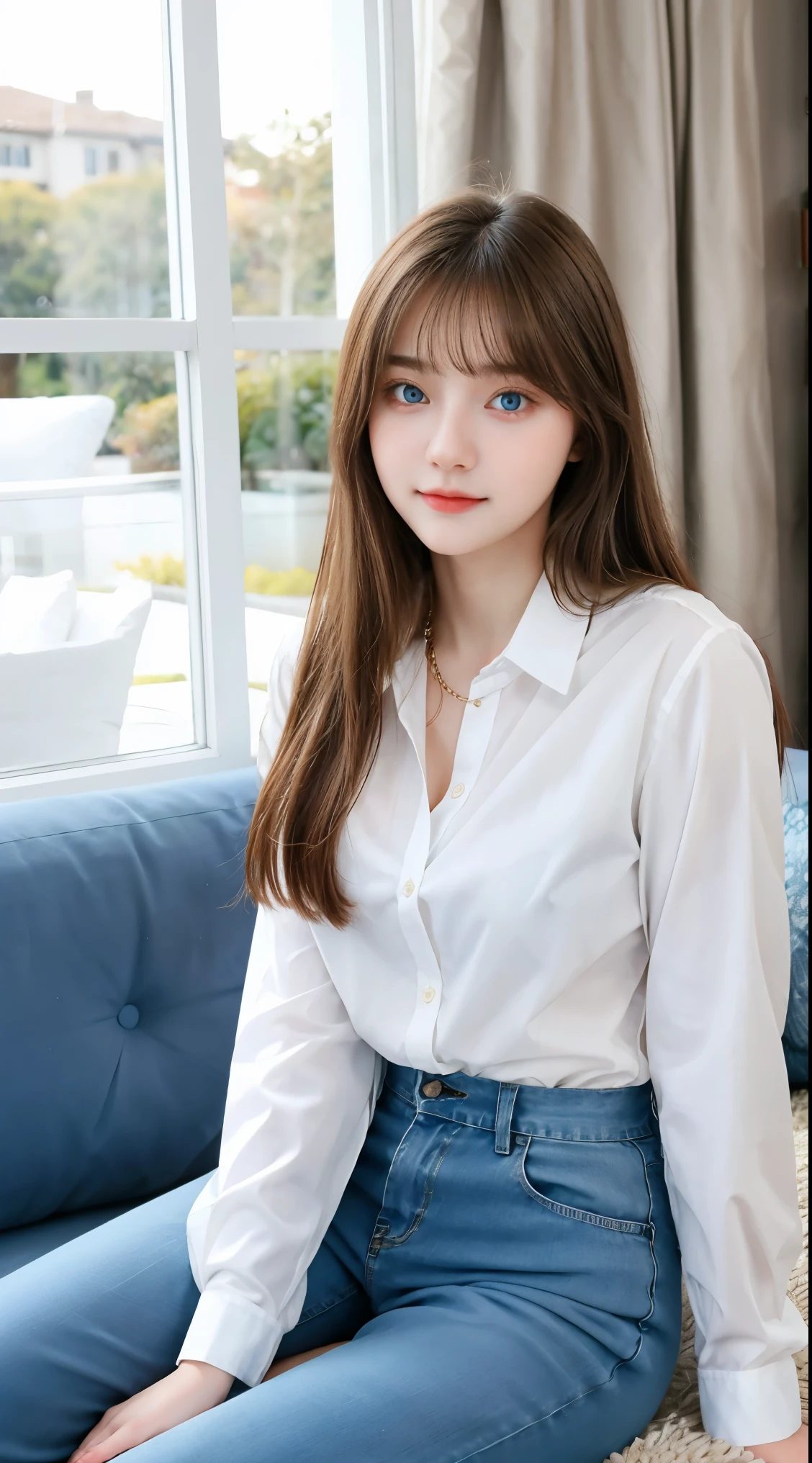 Gorgeus Girl, Beautiful, , 20 Years Old, White Skin, Sexy Pose, long shirt and pants, Blue Eye, Bokeh, livingroom Background, Masterpiece, Fullbody Shot, sitting in the sofa