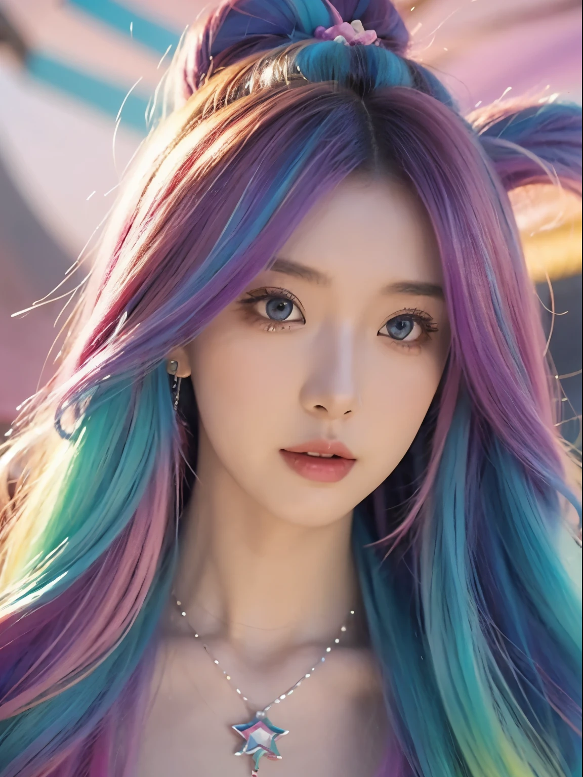 Close-up of a woman with colorful hair and necklace, Cosmic hair anime girl, RossDraws soft vibrancy, Guviz-style artwork, fantasy art style, Colorful], Vibrant fantasy style, Rossdraws cartoons are full of energy, cosmic and colorful, guweiz, Colorful digital fantasy art, stunning art style, beautiful anime style, glowing hairs, (rainbow eyes) 