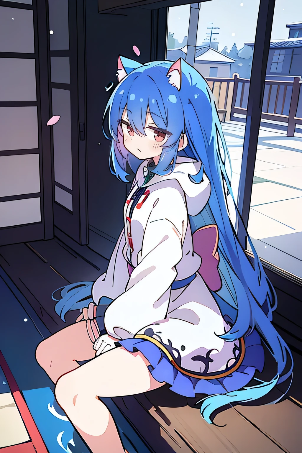 (masterpiece:1.2),Super detailed,lifelike,Expressive eyes,fair skin,perfect face shape,1 girl,
Japanese comics,Gorgeous blue hair,flowing blue hair,flowing clothes,Cat ears,Petals fall,beautiful lola,Baby Angel,
Shaking head with one hand,Cross your legs,Gentle and peaceful background,The pavilion is cool and comfortable,smile, wearing hoodie, background of tokyo,back views,snowing, winter.