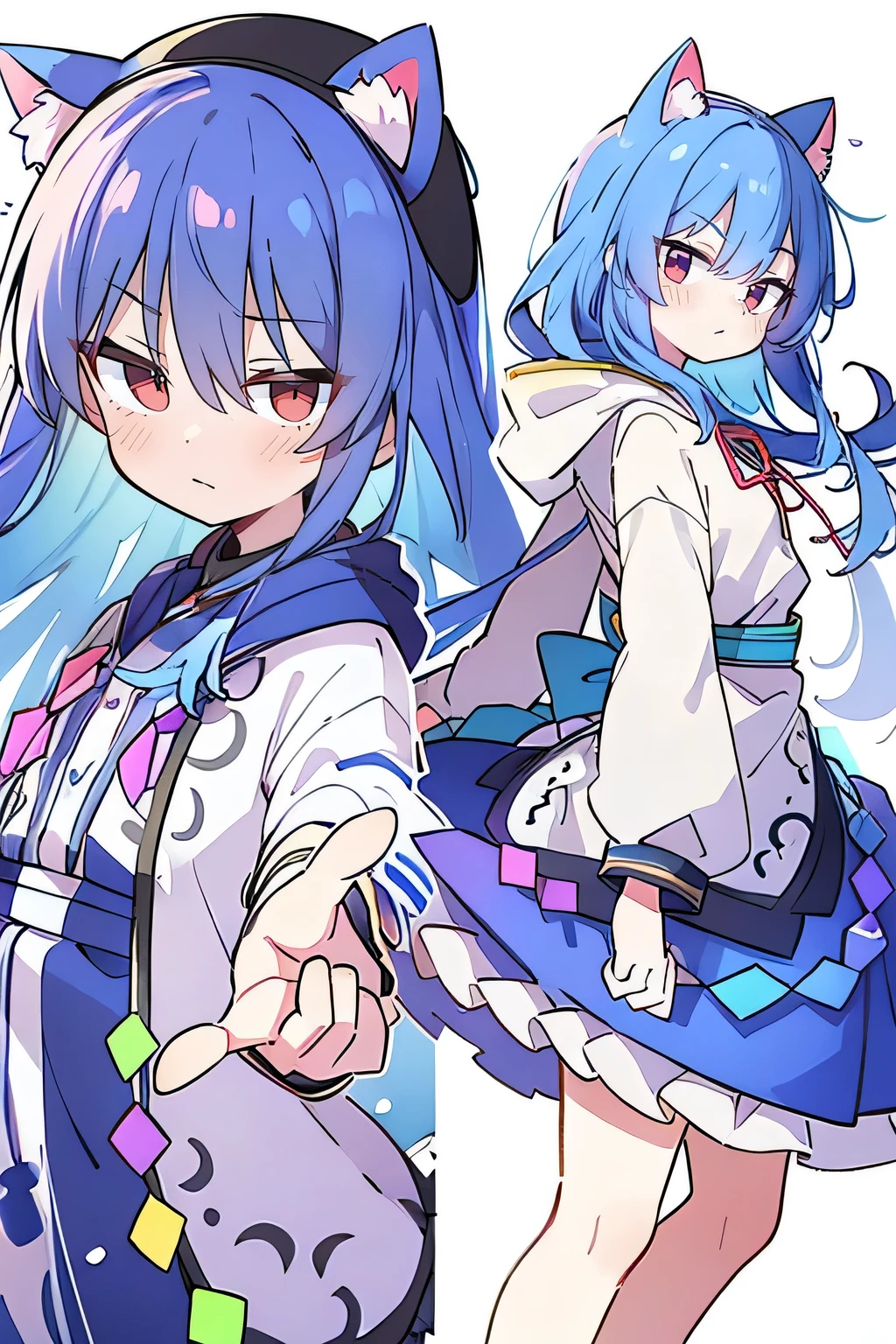 (masterpiece:1.2),Super detailed,lifelike,Expressive eyes,fair skin,perfect face shape,1 girl,
Japanese comics,Gorgeous blue hair,flowing blue hair,flowing clothes,Cat ears,Petals fall,beautiful lola,Baby Angel,
Shaking head with one hand,Cross your legs,Gentle and peaceful background,The pavilion is cool and comfortable,smile, wearing hoodie, background of tokyo,back views,snowing, winter.