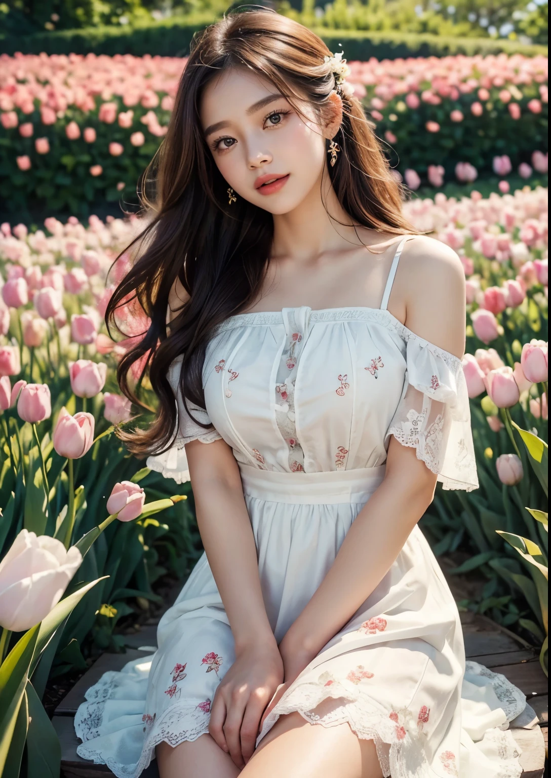 (best quality,4k,8k,highres,masterpiece:1.2),ultra-detailed,(realistic,photorealistic,photo-realistic:1.37),beautiful Korean girl in big tulip fields,bride,girl:1.1,beautiful detailed eyes,beautiful detailed lips,extremely detailed eyes and face,longeyelashes,asian:1.1,tulip fields,big,scenic view,overlooking view,floral paradise,vibrant colors,soft lighting,ethereal atmosphere,dreamlike setting,romantic,elegant,graceful, ((above knee length red wedding gown)),flowing fabric,delicate lace details,fitted bodice, above knee length skirt with layers of red tulle,veil:1.1,cascading bouquet,blushing cheeks,radiant smile,fresh makeup,hair styled in loose curls,gentle breeze,peaceful,lively and vibrant atmosphere,colorful tulips stretching as far as the eye can see,natural sunlight illuminating her delicate features,soft breeze gently playing with her hair,feminine beauty highlighted by the vibrant floral backdrop,subtle smile radiating warmth and happiness, ((Red Perfect Collar above knee length Dress)), carefully applied makeup emphasizing her natural glow,expressive almond-shaped eyes that reflect the serenity of the surroundings,glossy and plump lips exuding youth and vitality,captivating pose exuding confidence and grace,exquisite floral accessories adding a touch of romance and elegance,faint scent of blooming tulips filling the air,happy laughter and joyous chatter in the background,immersive view capturing the vastness and beauty of the tulip fields,dreamy and ethereal ambiance transporting viewers to a picturesque paradise,artistic rendition blending traditional Korean elements with a modern twist,vivid colors that capture the essence of spring,soft and warm color palette creating a harmonious and inviting atmosphere,natural lighting casting a soft glow,illuminating the scene with a magical radiance.