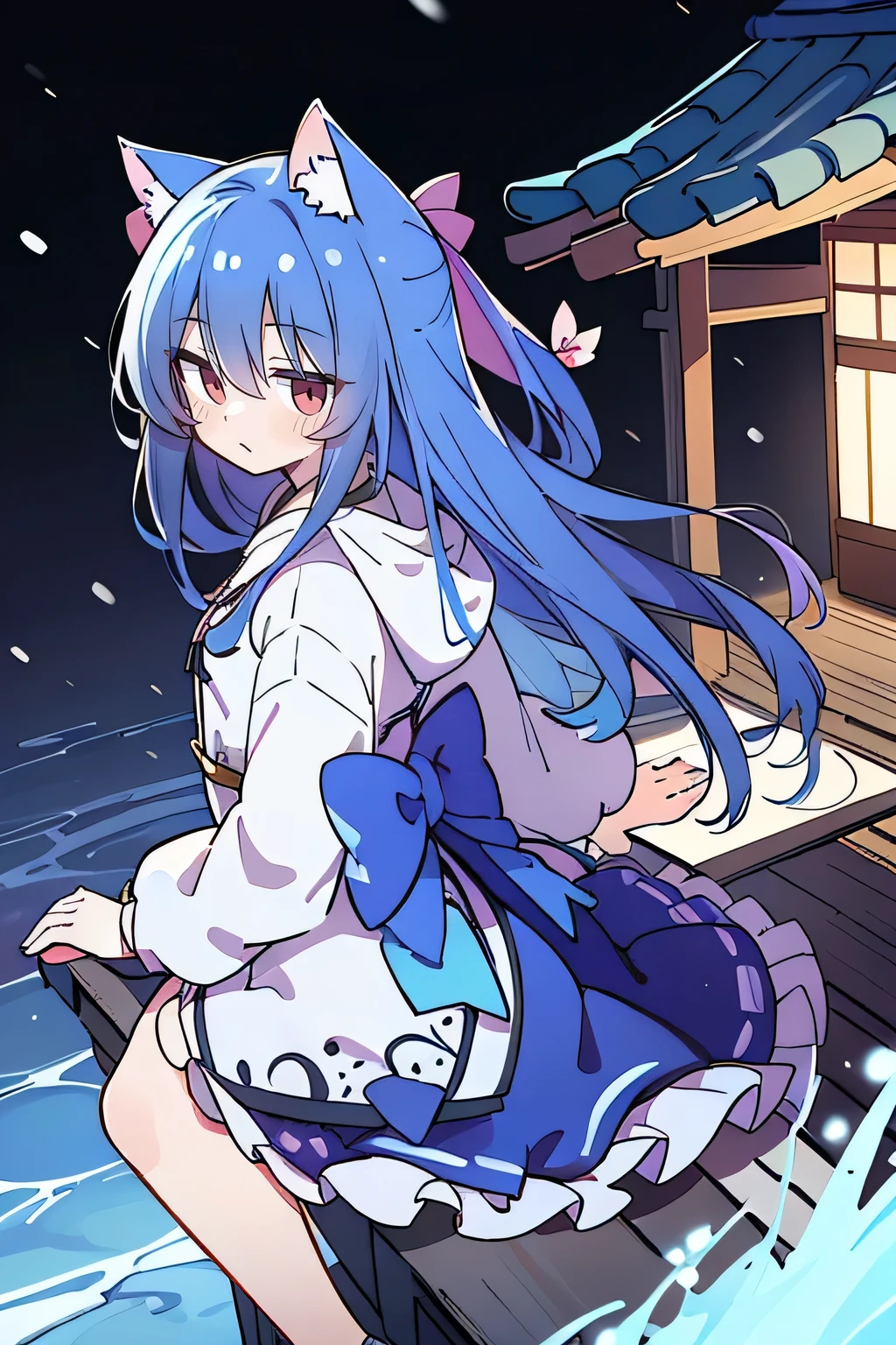 (masterpiece:1.2),Super detailed,lifelike,Expressive eyes,fair skin,perfect face shape,1 girl,
Japanese comics,Gorgeous blue hair,flowing blue hair,flowing clothes,Cat ears,Petals fall,beautiful lola,Baby Angel,
Shaking head with one hand,Cross your legs,Gentle and peaceful background,The pavilion is cool and comfortable,smile, wearing hoodie, background of tokyo,back views,snowing, winter.