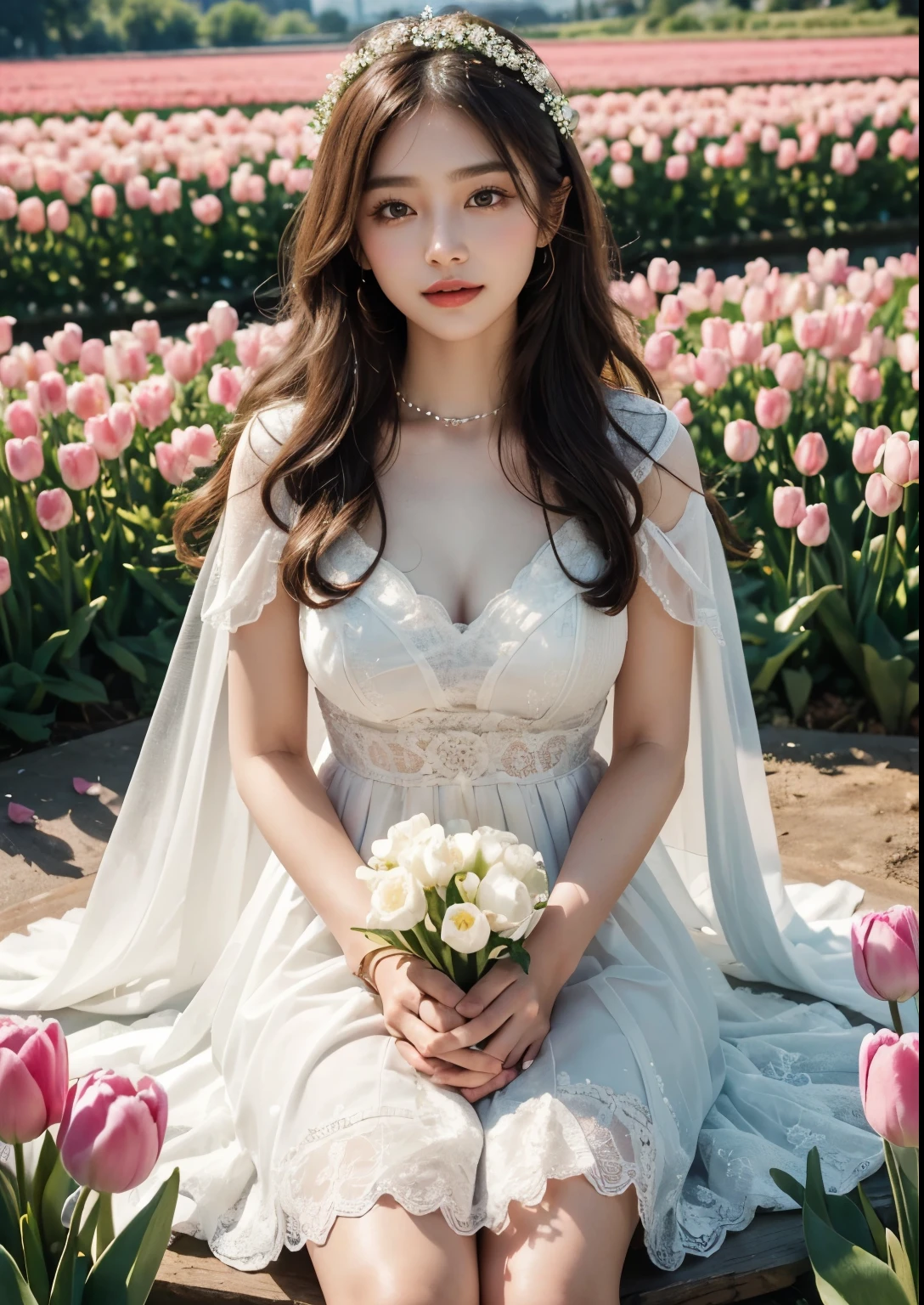 (best quality,4k,8k,highres,masterpiece:1.2),ultra-detailed,(realistic,photorealistic,photo-realistic:1.37),beautiful Korean girl in big tulip fields,bride,girl:1.1,beautiful detailed eyes,beautiful detailed lips,extremely detailed eyes and face,longeyelashes,asian:1.1,tulip fields,big,scenic view,overlooking view,floral paradise,vibrant colors,soft lighting,ethereal atmosphere,dreamlike setting,romantic,elegant,graceful, ((above knee length red wedding gown)),flowing fabric,delicate lace details,fitted bodice, above knee length skirt with layers of red tulle,veil:1.1,cascading bouquet,blushing cheeks,radiant smile,fresh makeup,hair styled in loose curls,gentle breeze,peaceful,lively and vibrant atmosphere,colorful tulips stretching as far as the eye can see,natural sunlight illuminating her delicate features,soft breeze gently playing with her hair,feminine beauty highlighted by the vibrant floral backdrop,subtle smile radiating warmth and happiness, ((Red Perfect Collar above knee length Dress)), carefully applied makeup emphasizing her natural glow,expressive almond-shaped eyes that reflect the serenity of the surroundings,glossy and plump lips exuding youth and vitality,captivating pose exuding confidence and grace,exquisite floral accessories adding a touch of romance and elegance,faint scent of blooming tulips filling the air,happy laughter and joyous chatter in the background,immersive view capturing the vastness and beauty of the tulip fields,dreamy and ethereal ambiance transporting viewers to a picturesque paradise,artistic rendition blending traditional Korean elements with a modern twist,vivid colors that capture the essence of spring,soft and warm color palette creating a harmonious and inviting atmosphere,natural lighting casting a soft glow,illuminating the scene with a magical radiance.
