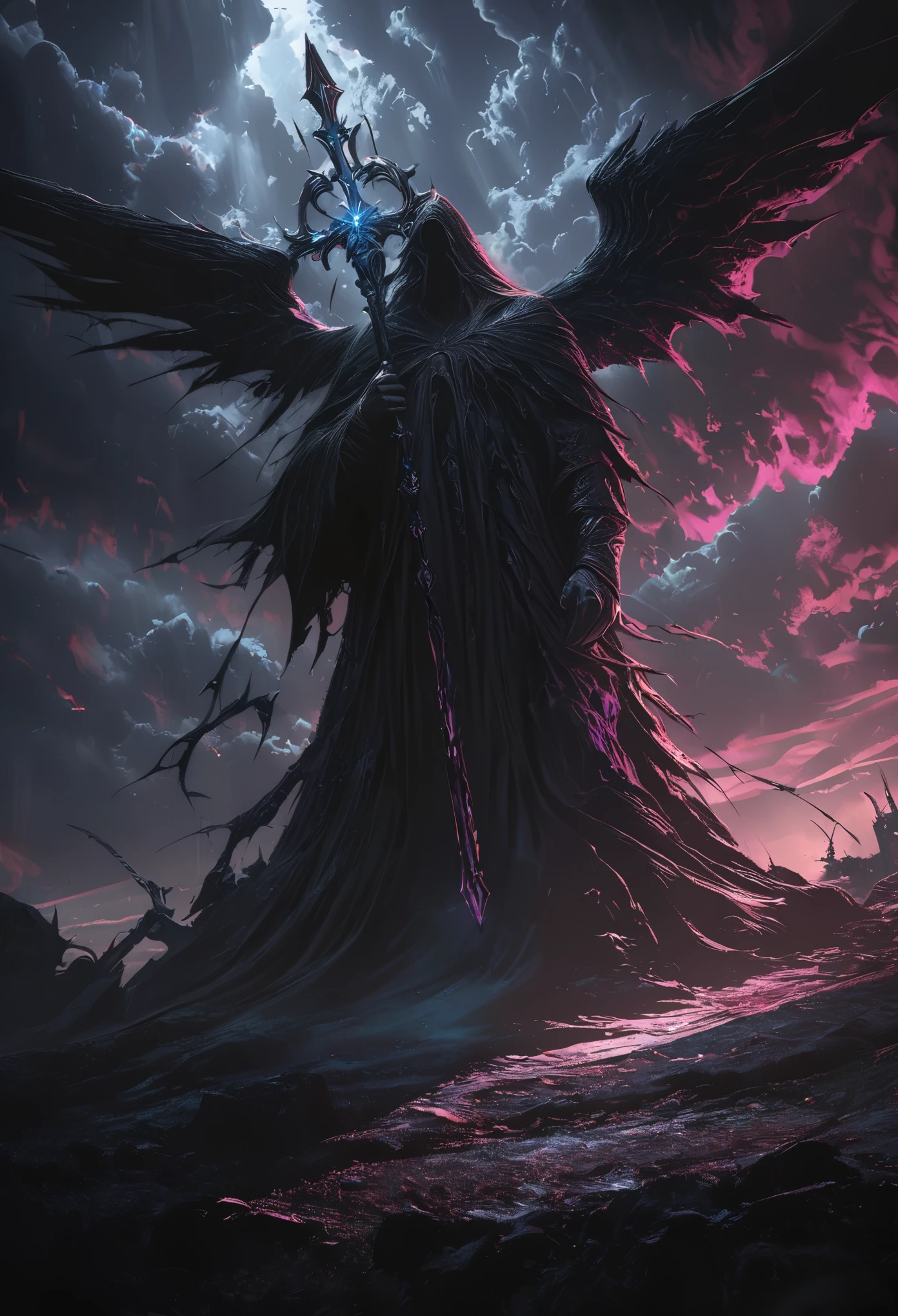 (masterpiece, best quality: 1.2), angel underground, broken wings, holding a blue silver crucifix, moonlight, ominous clouds, dark fantasy illustration style, dark arts, high contrast, dark shadows, atmospheric perspective , melancholic colors, cinematic composition, volumetric lighting, numbers, brush strokes, dramatic lighting, low angle, surrealism, super detailed, hyperrealism