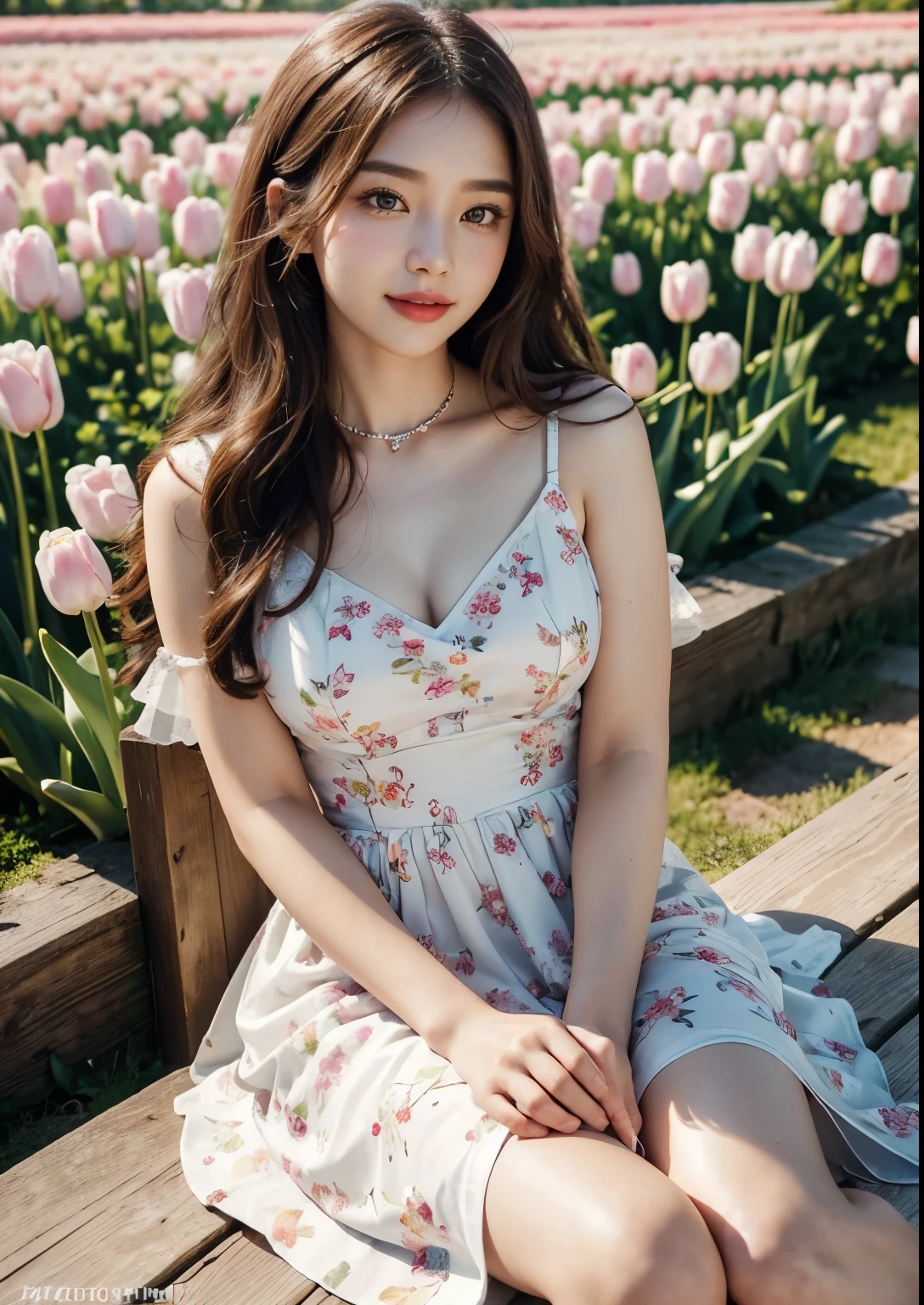 (best quality,4k,8k,highres,masterpiece:1.2),ultra-detailed,(realistic,photorealistic,photo-realistic:1.37),beautiful Korean girl in big tulip fields,bride,girl:1.1,beautiful detailed eyes,beautiful detailed lips,extremely detailed eyes and face,longeyelashes,asian:1.1,tulip fields,big,scenic view,overlooking view,floral paradise,vibrant colors,soft lighting,ethereal atmosphere,dreamlike setting,romantic,elegant,graceful, ((above knee length red wedding gown)),flowing fabric,delicate lace details,fitted bodice, above knee length skirt with layers of red tulle,veil:1.1,cascading bouquet,blushing cheeks,radiant smile,fresh makeup,hair styled in loose curls,gentle breeze,peaceful,lively and vibrant atmosphere,colorful tulips stretching as far as the eye can see,natural sunlight illuminating her delicate features,soft breeze gently playing with her hair,feminine beauty highlighted by the vibrant floral backdrop,subtle smile radiating warmth and happiness, ((Red Perfect Collar above knee length Dress)), carefully applied makeup emphasizing her natural glow,expressive almond-shaped eyes that reflect the serenity of the surroundings,glossy and plump lips exuding youth and vitality,captivating pose exuding confidence and grace,exquisite floral accessories adding a touch of romance and elegance,faint scent of blooming tulips filling the air,happy laughter and joyous chatter in the background,immersive view capturing the vastness and beauty of the tulip fields,dreamy and ethereal ambiance transporting viewers to a picturesque paradise,artistic rendition blending traditional Korean elements with a modern twist,vivid colors that capture the essence of spring,soft and warm color palette creating a harmonious and inviting atmosphere,natural lighting casting a soft glow,illuminating the scene with a magical radiance.