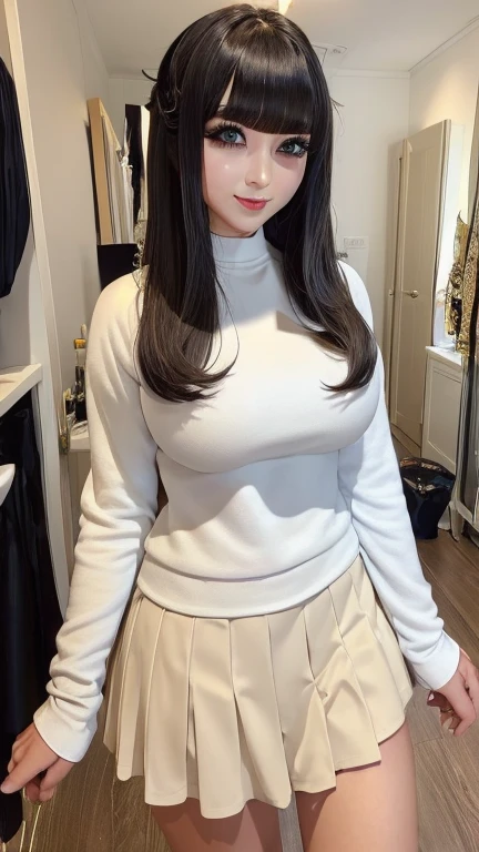 ((best quality)), ((muste piece)), (detailed face), (highlight), princess、Big breasts、blunt bangs、black hair、Eyelash-emphasizing makeup、combat uniform、skirt、