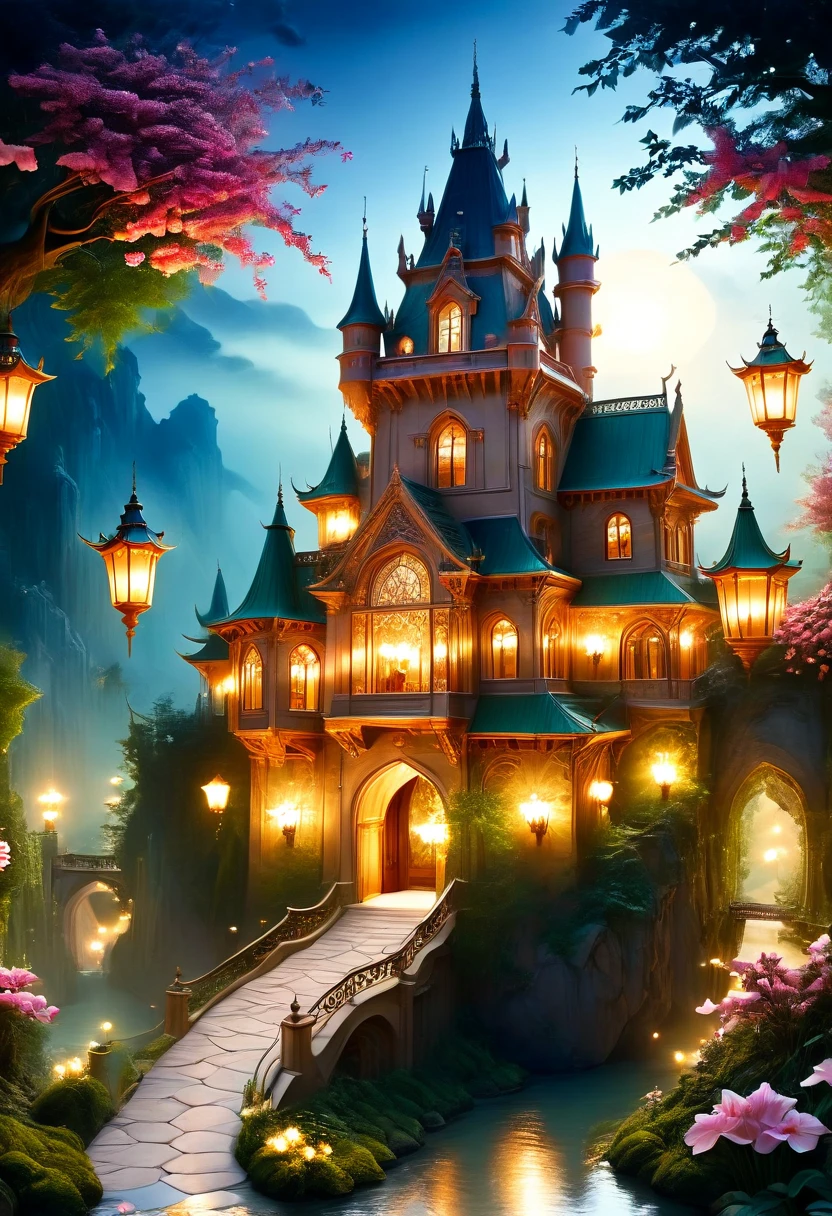 (a dreamy, enchanting castle),(magical, surreal),(vibrant colors),(soft, romantic lighting),(detailed architecture),(fluffy, floating clouds),(majestic, towering turrets),(ornate, intricately carved doors and windows),(lush, green gardens),(mysterious, winding pathways),(sparkling, reflective moat),(dreamlike atmosphere),(fairy-tale setting),(delicate, blooming flowers),(twinkling stars in the night sky),(whimsical, floating lanterns),(glowing, stained glass windows),(shimmering, iridescent surfaces),(impressive, grand staircase),(peaceful, serene ambience).