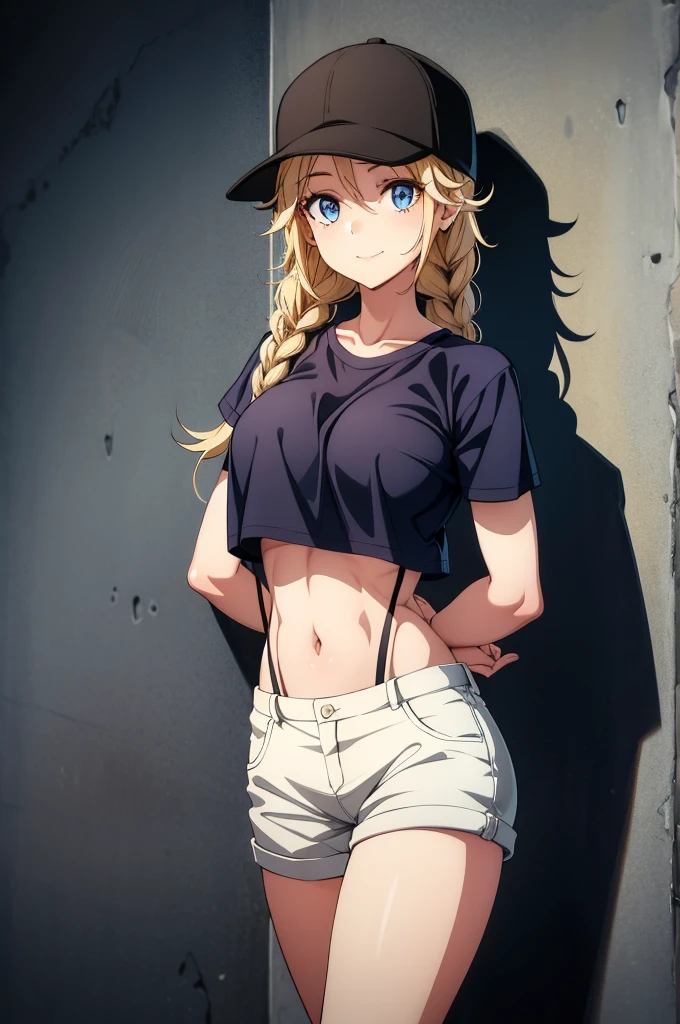 a girl in a fedora hat that is posed in front of a wall, 1girl, breasts, solo, hat, blue eyes, navel, blonde hair, large breasts, baseball cap, looking at viewer, smile, black headwear, braid, arms behind back, twin braids, crop top, shirt, stomach, suspenders, long hair, short sleeves
