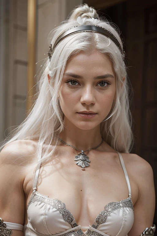female viking warrior queen, small slim fine face, white hair, delicate ornamental metal and fur lingerie, perfect ultra-detailed face