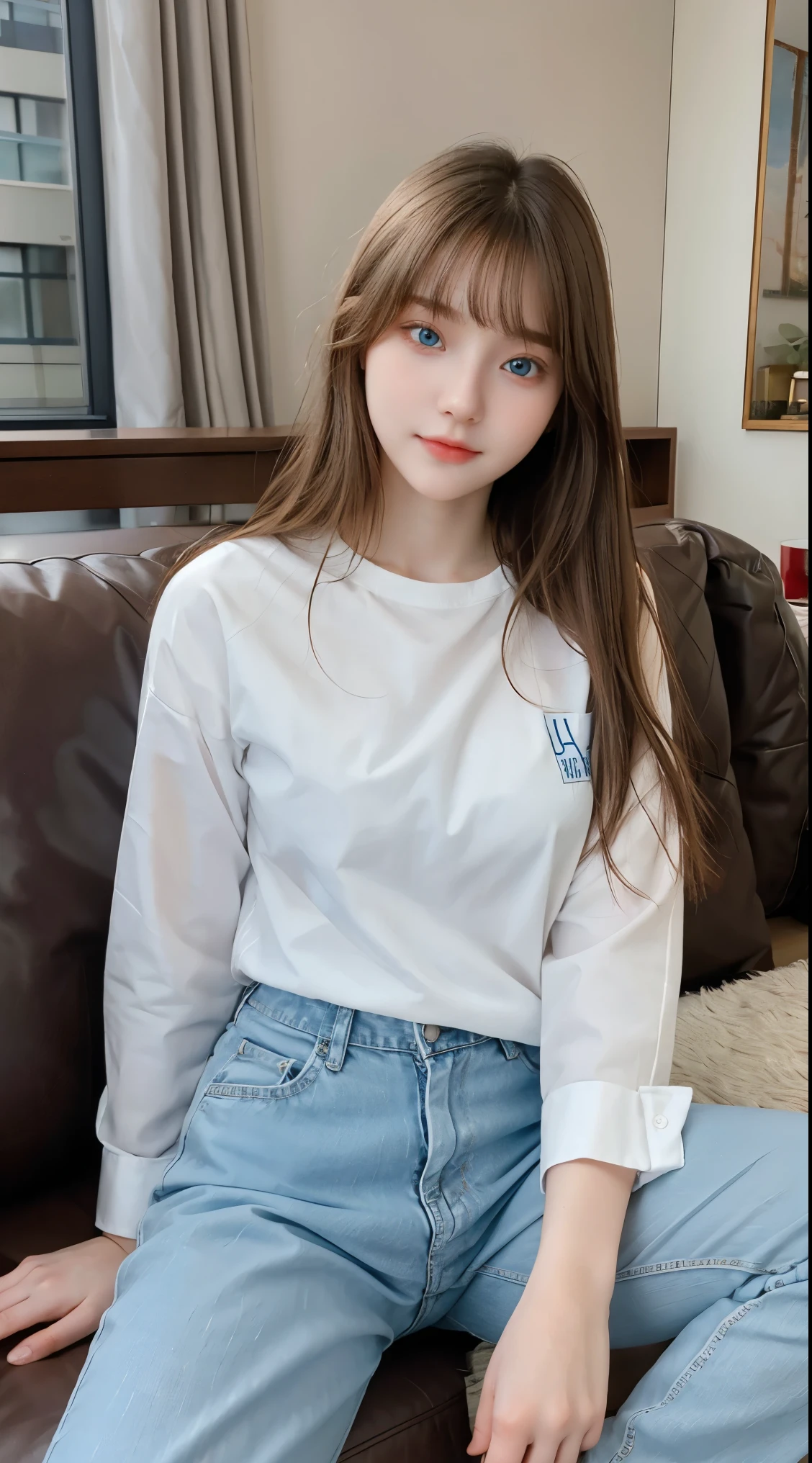 Gorgeus Girl, Beautiful, Baby Face, 20 Years Old, White Skin, Sexy Pose, long t shirt and pants, Blue Eye, Bokeh, livingroom Background, Masterpiece, Fullbody Shot, sitting in the sofa