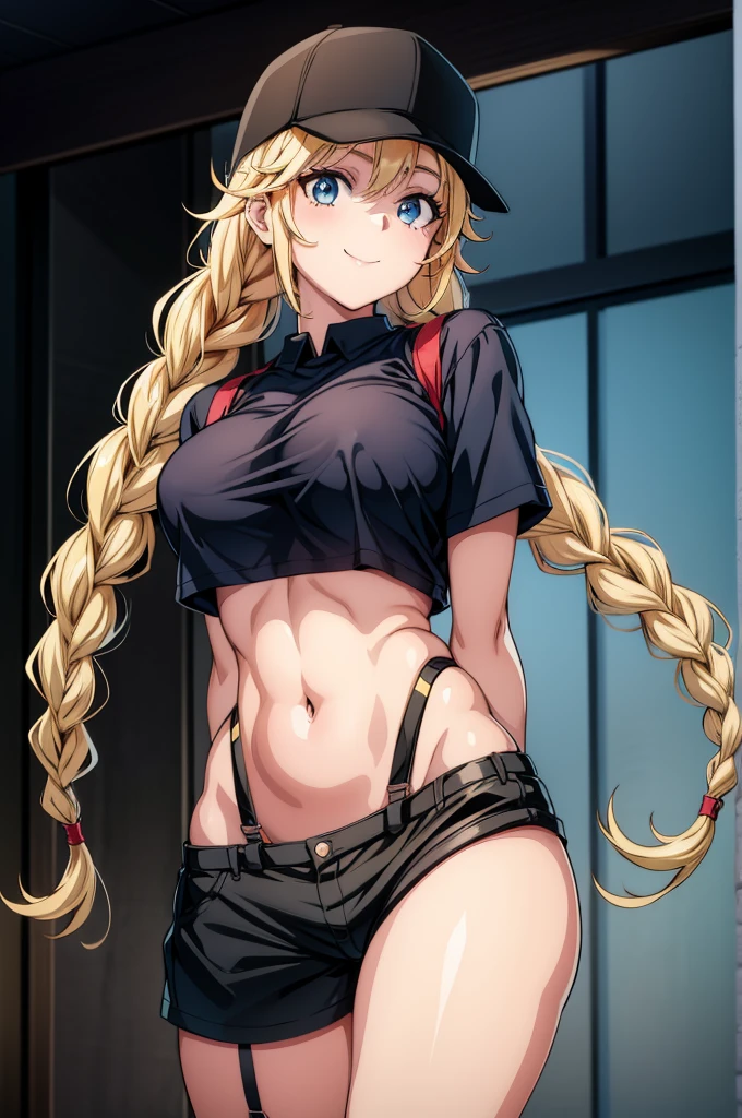 a sexy anime girl with big wearing black bra and stockings, 1girl, breasts, solo, hat, blue eyes, navel, blonde hair, large breasts, baseball cap, looking at viewer, smile, black headwear, braid, arms behind back, twin braids, crop top, shirt, stomach, suspenders, long hair, short sleeves
