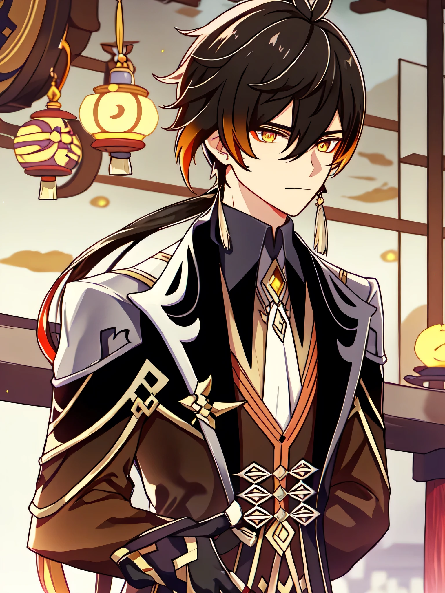 1 boy, One, upper body, front view, view, masterpiece, Best quality, bangs, black gloves, black hair, brown hair, gradient_ hair, collared shirt, earrings, eyebrows visible through hair, formal, gloves, hair between eyes, holding, Chinese_Clothing, jacket, Jewelry, long hair, long sleeve, Men's focus, multicolored hair, ponytail, lone serge, fit, tassel, tassels, yellow eyes, Zhongli\(genshin_impact\)