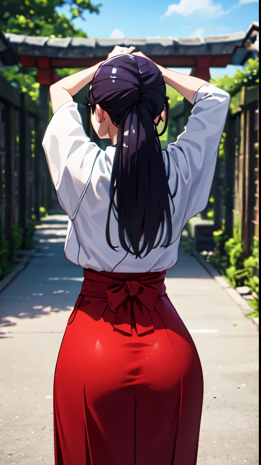 8K Photograph, photorealistic, sharp detail, 1 woman, thicc ass, photograph from behind, long purple hair, ponytail, brown eyes, very tight red hakama, dress tight on ass, Utahime, dynamic pose,  annoyed