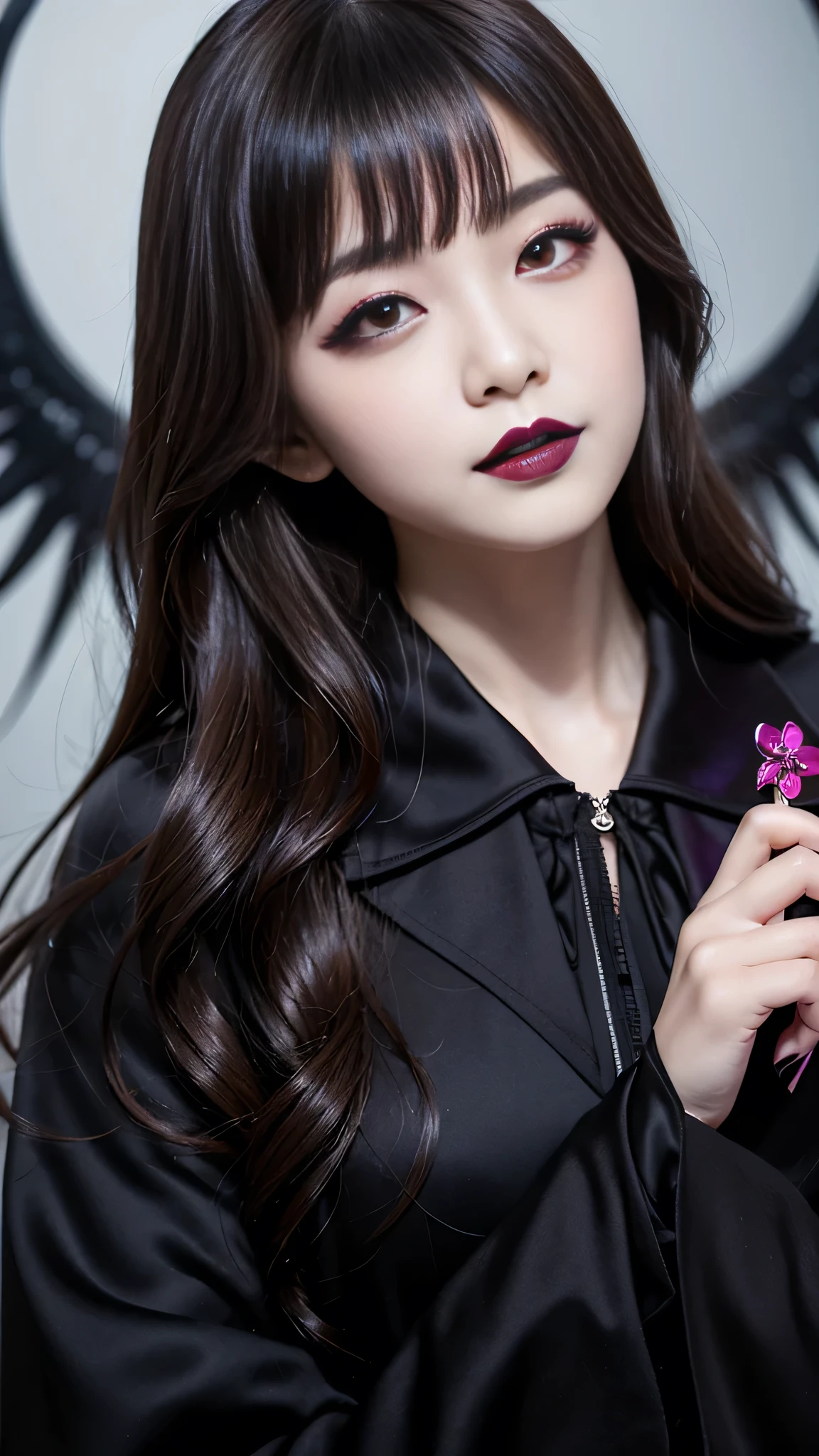 best quality、ultra-detailed、4k、Japanese、Seductive beauty、seductive adult woman、Pretty Woman、cool girl、Villainess、Brainwashed、brainwash、Fallen into evil、smirk、Evil look、Wicked Smile、evil、Brown hair、wavy hair、swept bangs、dark makeup、dark makeup、piercing eyes、hollow eyes,half-closed eyes、Hollow Eyes、purple Eyeshadow、black lipstick、black lipglos、Dark Costume、Costume of Evil、female cadres、night、inside school、Have lipstick、Emblem of Evil、Crest of Darkness、Swear allegiance、I have pledged my allegiance、Dye black、Blackening、Stained with evil、Dyed in darkness、Seduce