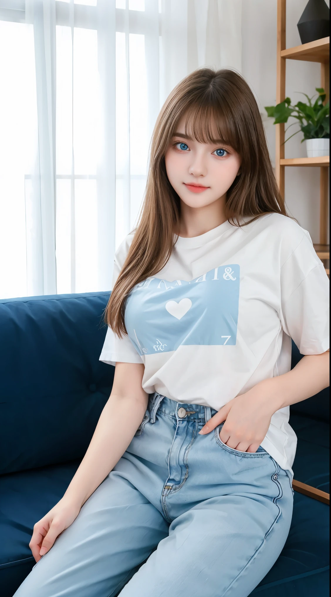 Gorgeus Girl, Beautiful, Baby Face, 20 Years Old, White Skin, Sexy Pose, long t shirt and pants, Blue Eye, Bokeh, livingroom Background, Masterpiece, Fullbody Shot, sitting in the sofa