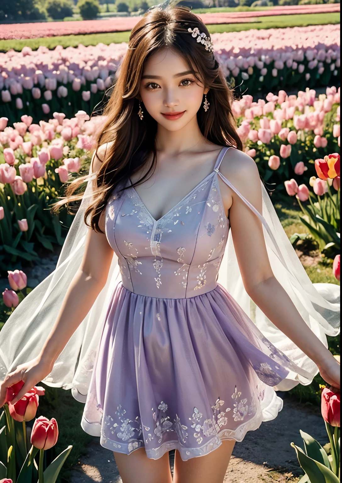 (best quality,4k,8k,highres,masterpiece:1.2),ultra-detailed,(realistic,photorealistic,photo-realistic:1.37),beautiful Korean girl in big tulip fields,bride,girl:1.1,beautiful detailed eyes,beautiful detailed lips,extremely detailed eyes and face,longeyelashes,asian:1.1,tulip fields,big,scenic view,overlooking view,floral paradise,vibrant colors,soft lighting,ethereal atmosphere,dreamlike setting,romantic,elegant,graceful, ((above knee length red wedding gown)),flowing fabric,delicate lace details,fitted bodice, above knee length skirt with layers of red tulle,veil:1.1,cascading bouquet,blushing cheeks,radiant smile,fresh makeup,hair styled in loose curls,gentle breeze,peaceful,lively and vibrant atmosphere,colorful tulips stretching as far as the eye can see,natural sunlight illuminating her delicate features,soft breeze gently playing with her hair,feminine beauty highlighted by the vibrant floral backdrop,subtle smile radiating warmth and happiness, ((Red Perfect Collar above knee length Dress)), carefully applied makeup emphasizing her natural glow,expressive almond-shaped eyes that reflect the serenity of the surroundings,glossy and plump lips exuding youth and vitality,captivating pose exuding confidence and grace,exquisite floral accessories adding a touch of romance and elegance,faint scent of blooming tulips filling the air,happy laughter and joyous chatter in the background,immersive view capturing the vastness and beauty of the tulip fields,dreamy and ethereal ambiance transporting viewers to a picturesque paradise,artistic rendition blending traditional Korean elements with a modern twist,vivid colors that capture the essence of spring,soft and warm color palette creating a harmonious and inviting atmosphere,natural lighting casting a soft glow,illuminating the scene with a magical radiance,((standing)), (((Purple colour Dress))), (((smile:1.2)))