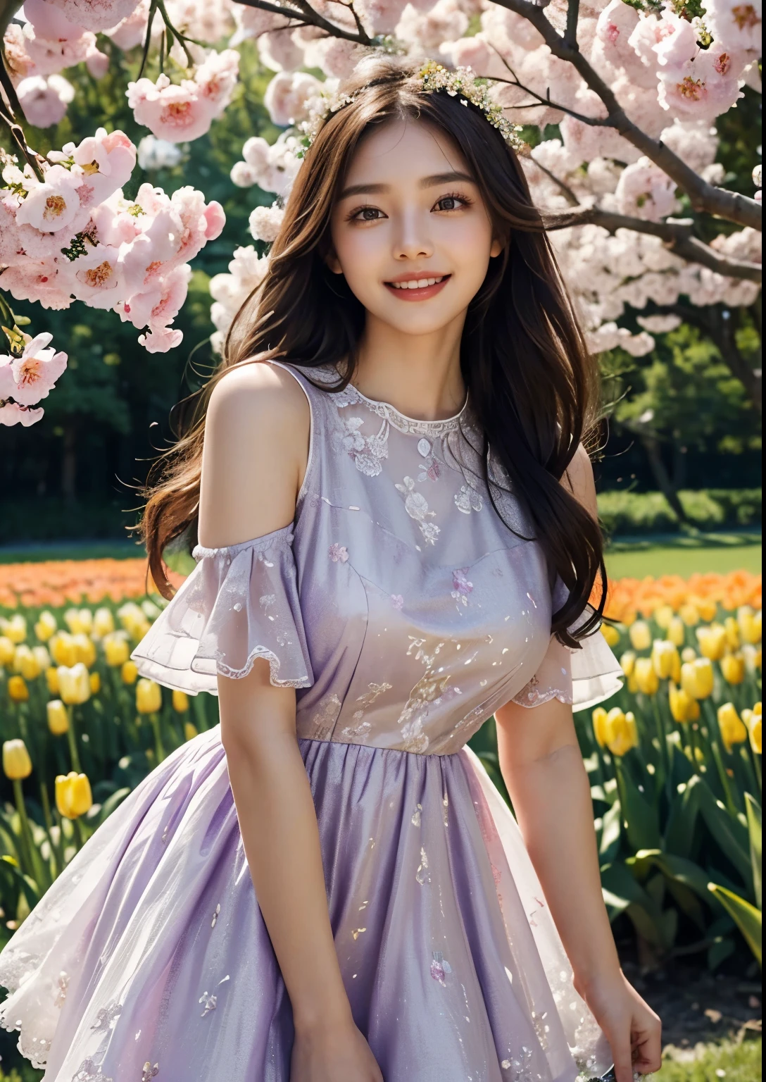 (best quality,4k,8k,highres,masterpiece:1.2),ultra-detailed,(realistic,photorealistic,photo-realistic:1.37),beautiful Korean girl in big tulip fields,bride,girl:1.1,beautiful detailed eyes,beautiful detailed lips,extremely detailed eyes and face,longeyelashes,asian:1.1,tulip fields,big,scenic view,overlooking view,floral paradise,vibrant colors,soft lighting,ethereal atmosphere,dreamlike setting,romantic,elegant,graceful, ((above knee length red wedding gown)),flowing fabric,delicate lace details,fitted bodice, above knee length skirt with layers of red tulle,veil:1.1,cascading bouquet,blushing cheeks,radiant smile,fresh makeup,hair styled in loose curls,gentle breeze,peaceful,lively and vibrant atmosphere,colorful tulips stretching as far as the eye can see,natural sunlight illuminating her delicate features,soft breeze gently playing with her hair,feminine beauty highlighted by the vibrant floral backdrop,subtle smile radiating warmth and happiness, ((Red Perfect Collar above knee length Dress)), carefully applied makeup emphasizing her natural glow,expressive almond-shaped eyes that reflect the serenity of the surroundings,glossy and plump lips exuding youth and vitality,captivating pose exuding confidence and grace,exquisite floral accessories adding a touch of romance and elegance,faint scent of blooming tulips filling the air,happy laughter and joyous chatter in the background,immersive view capturing the vastness and beauty of the tulip fields,dreamy and ethereal ambiance transporting viewers to a picturesque paradise,artistic rendition blending traditional Korean elements with a modern twist,vivid colors that capture the essence of spring,soft and warm color palette creating a harmonious and inviting atmosphere,natural lighting casting a soft glow,illuminating the scene with a magical radiance,((standing)), (((Purple colour Dress))), (((smile:1.2)))