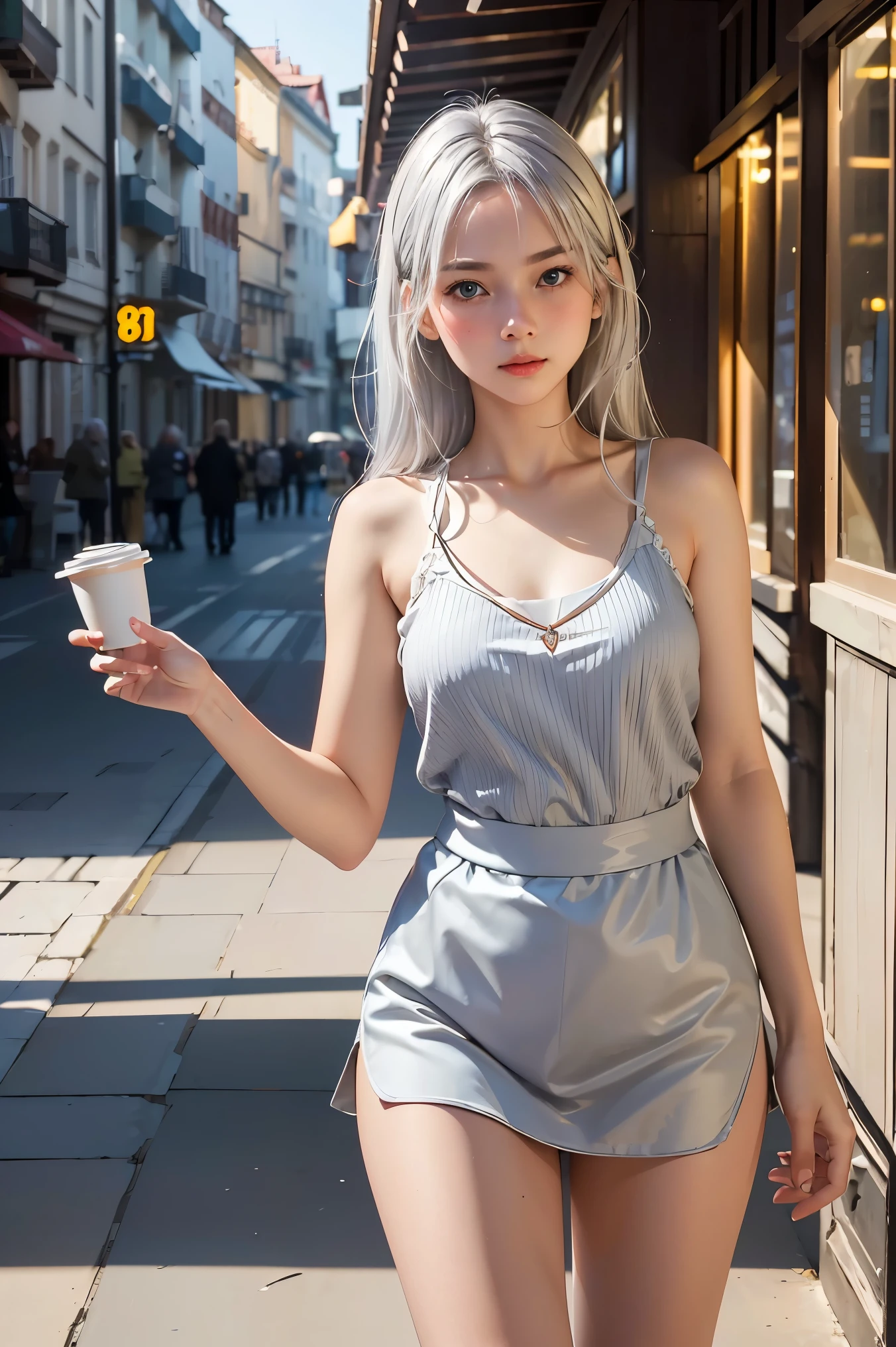 masterpiece, (Best Quality:1.4), realistic, Highly Detailed CG Unified 8k Wallpaper, Lightly Details, High Definition RAW Color Photography, professional photo shooting, realistic portrait, Cinematic light, beautiful detail, 1Girl, Charming Russian model Nata Lee, ((light silver hair)), 21-year-old beautiful woman, Walking through the café streets, Seductive body.