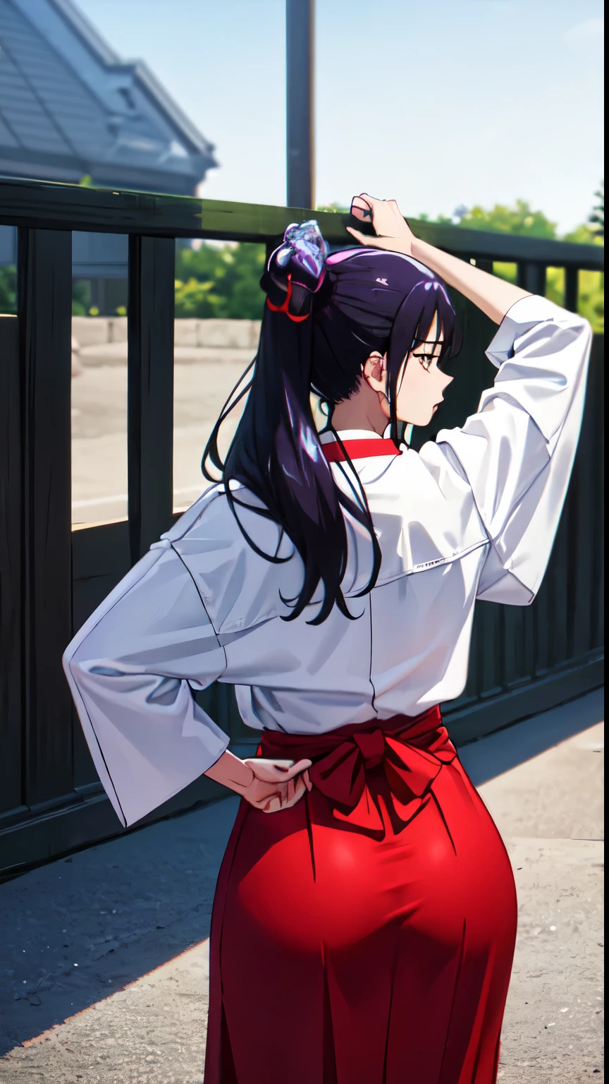 8K Photograph, photorealistic, sharp detail, 1 woman, thicc ass, photograph from behind, long purple hair, ponytail, brown eyes, very tight red hakama, dress tight on ass, Utahime, dynamic pose,  annoyed