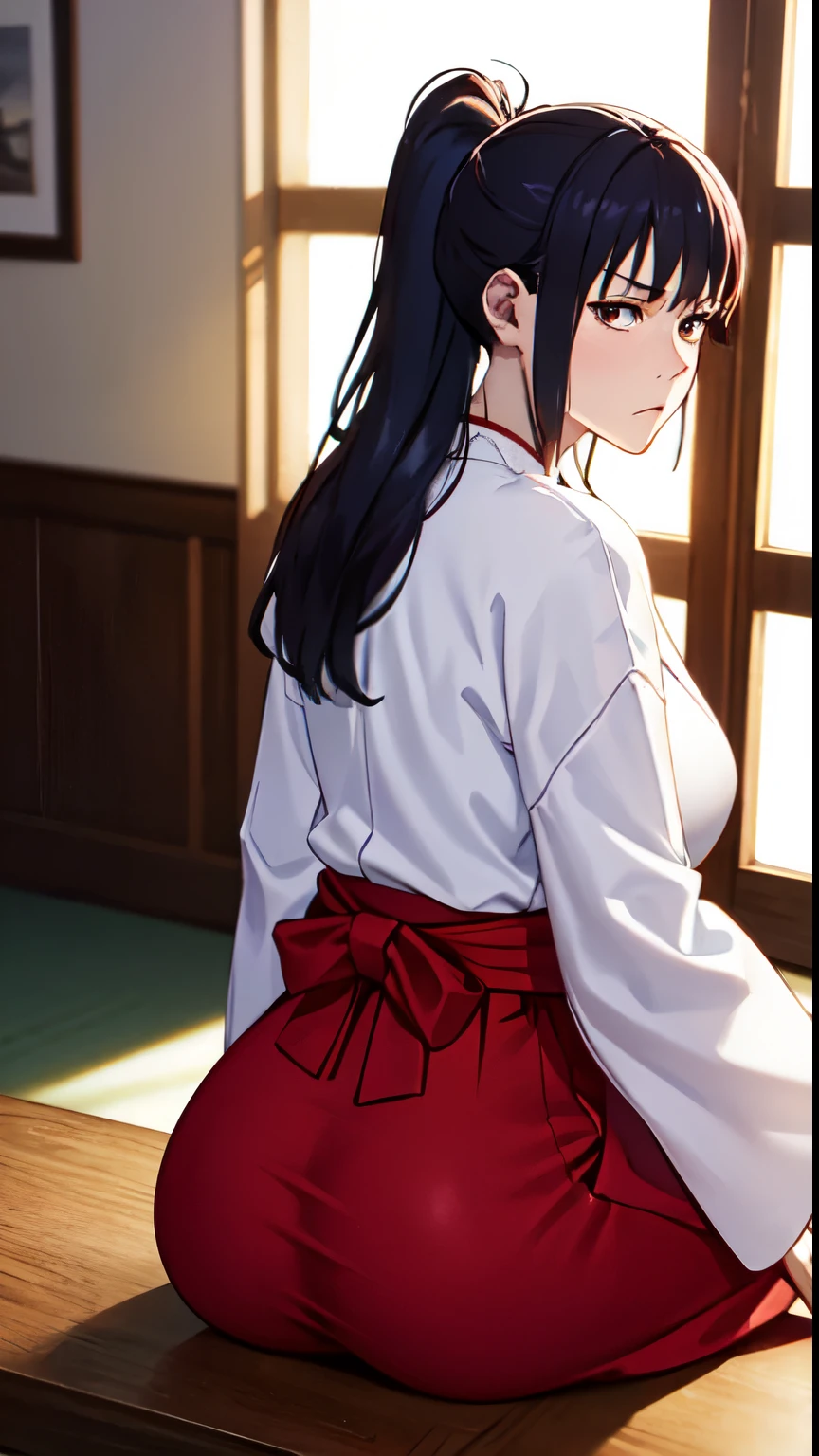 8K Photograph, photorealistic, sharp detail, 1 woman, very tight red hakama, thicc ass, sitting, photograph from behind, long purple hair, ponytail, brown eyes, dress tight on ass, Utahime, dynamic pose,  annoyed