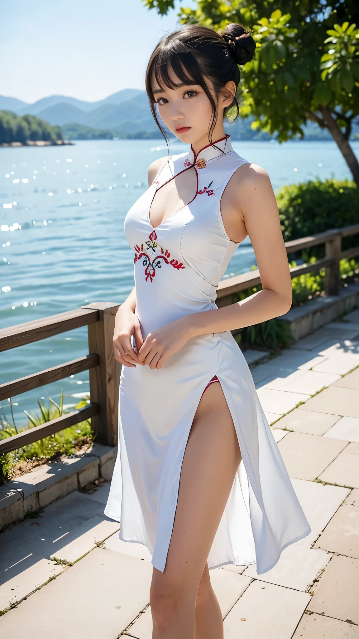 ((Walking around a beautiful lake on a deserted island)), ( beautiful girl:1.5), (Baby Face:1le body), (Cute cheongsam:1.5), (The wind blows up the hem of the dress:1.5), (Cute panty shot:1.4), (Embroidered dress with slit:1.4), (Twin bun hairstyle:1.5), (Symmetrical long side bangs:1.5), (Slender body line:1.2), (Small and slender figure:1.2), (Beautiful breasts:1.4), (Cleavage), (Beautifully shaped armpits:1.2), (Angel's Smile:1.5), (Detailed eyes and face:1.2), (high nose:1.3), (Natural Lip Gloss:1.3), (Wide open pretty eyes:1.3), (Beautiful small face:1.3), (Slim thighs:1.3), (Detailed skin texture), (Clear white skin), ((Perfect Anatomy)), (looking at the camera:1.4), (Photorealistic:1.4), (((Highest quality, Ultra high definition, Masterpiece))), (Professional Lighting), (Accurate Shadows:1.2), (Detailed hand:1.3), (Anatomically correct girl's hand:1.3)