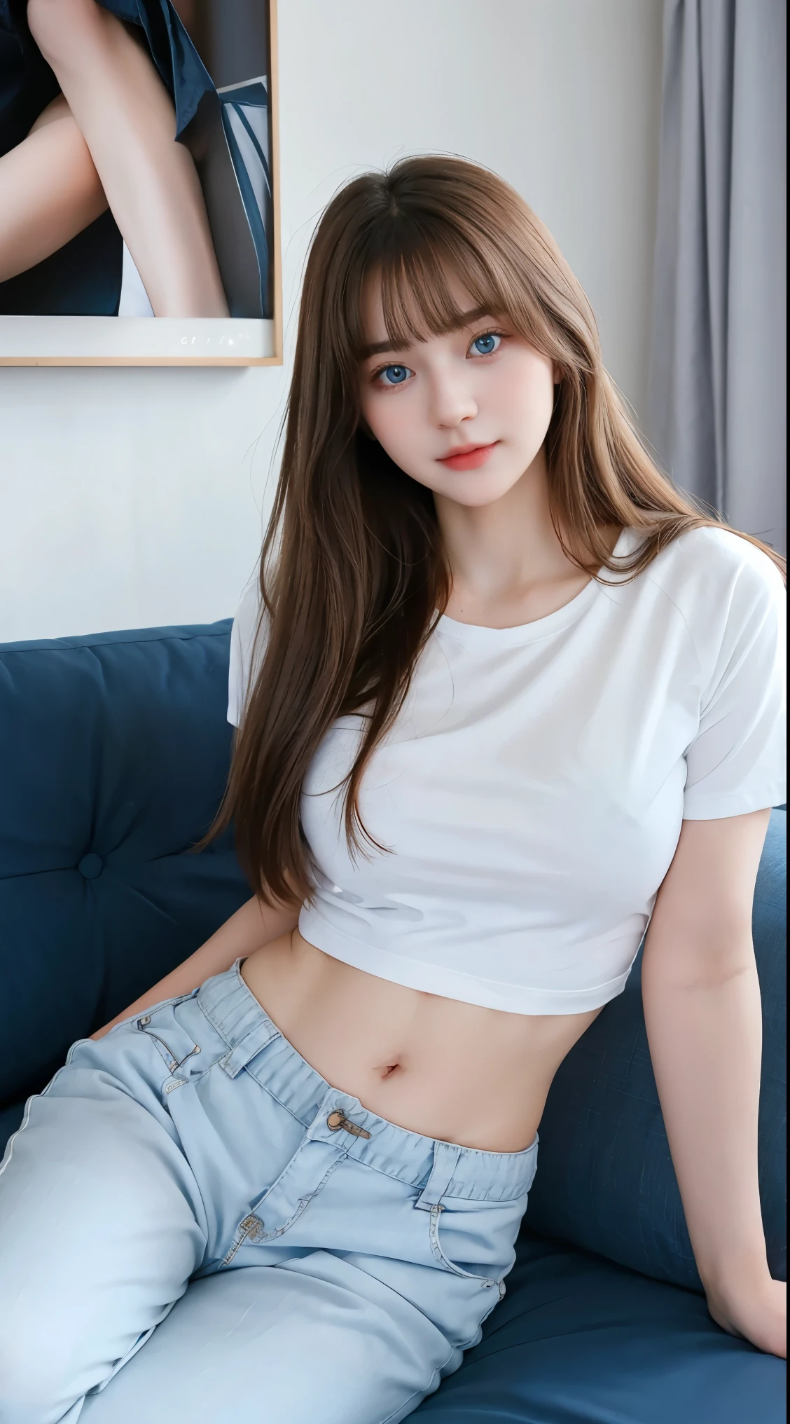 Gorgeus Girl, Beautiful, , 20 Years Old, White Skin, Sexy Pose, long t shirt and pants, Blue Eye, Bokeh, livingroom Background, Masterpiece, Fullbody Shot, sitting in the sofa