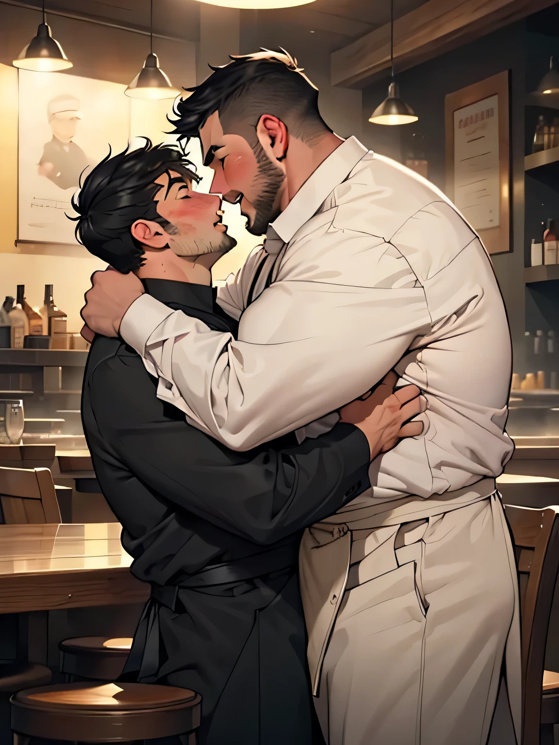 Public officials,,masterpiece,top quality,In the restaurant,1 male,male,Restaurateur,from the side,Strong uncle and man making out,(Fat Man,big face man),Young man riding on man,(Black-haired man,,Messy clothes,Looking shy,blush,Open your mouth slightly,Trembling with excitement:1.2),overflow,sweat,steam,