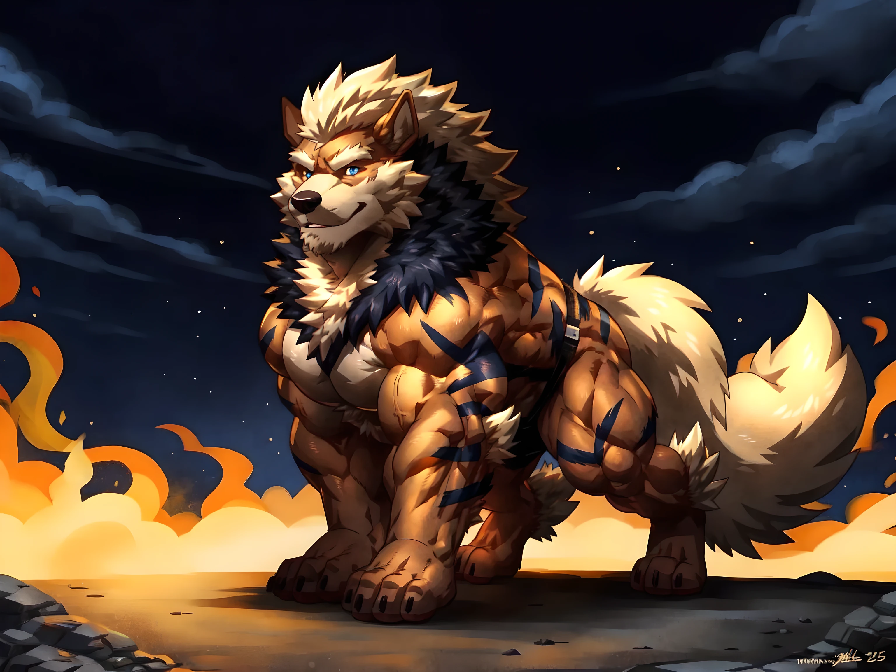 arcanine, feral arcanine, masculine, male, quadruped, feral, mane, very muscular:1.5, muscles:1.2, well defined muscles:1.2, pectorals:1.5, muscular forelegs, biceps, muscular shoulders, detailed muscles, muscular hindlegs, wide chest, muscular chest:1.5, rossciaco style, wfa style, detailed eyes, blue eyes, fire background, rocky ground background, night background, explosive background, full body, big wolf feet, 