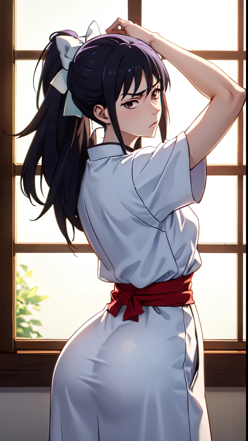 8K Photograph, photorealistic, sharp detail, 1 woman, thicc ass, photograph from behind, long purple hair, ponytail, brown eyes, white hairbow, red hakama, Utahime, dynamic pose, (arms behind her back),  open window, light rays, windowsill, annoyed