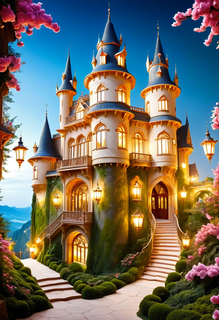 (a dreamy, enchanting castle),(magical, surreal),(vibrant colors),(soft, romantic lighting),(detailed architecture),(fluffy, floating clouds),(majestic, towering turrets),(ornate, intricately carved doors and windows),(lush, green gardens),(mysterious, winding pathways),(sparkling, reflective moat),(dreamlike atmosphere),(fairy-tale setting),(delicate, blooming flowers),(twinkling stars in the night sky),(whimsical, floating lanterns),(glowing, stained glass windows),(shimmering, iridescent surfaces),(impressive, grand staircase),(peaceful, serene ambience).