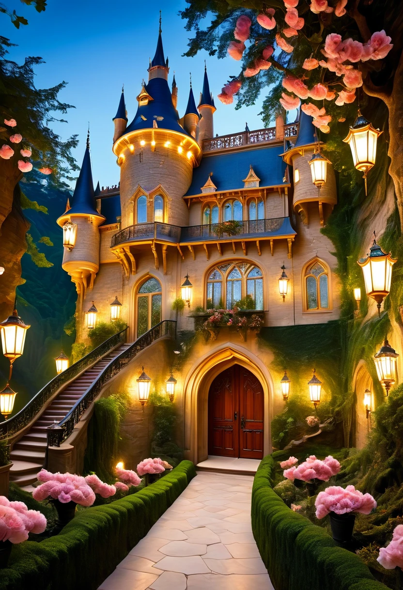 (a dreamy, enchanting castle),(magical, surreal),(vibrant colors),(soft, romantic lighting),(detailed architecture),(fluffy, floating clouds),(majestic, towering turrets),(ornate, intricately carved doors and windows),(lush, green gardens),(mysterious, winding pathways),(sparkling, reflective moat),(dreamlike atmosphere),(fairy-tale setting),(delicate, blooming flowers),(twinkling stars in the night sky),(whimsical, floating lanterns),(glowing, stained glass windows),(shimmering, iridescent surfaces),(impressive, grand staircase),(peaceful, serene ambience).