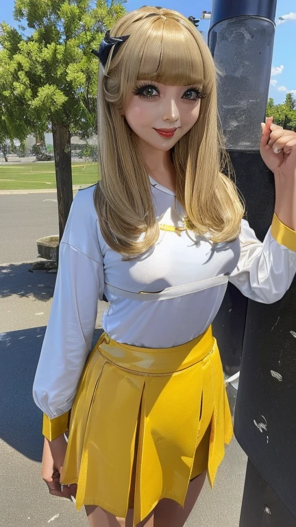 ((best quality)), ((muste piece)), (detailed face), (highlight), princess、Big breasts、blunt bangs、skyblue hair、Eyelash-emphasizing makeup、combat uniform、skirt、