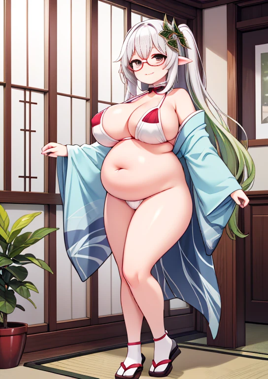 (masterpiece, best quality, highly detailed), 1girls, big belly, huge belly, art by kipteitei, round belly, chubby, curvy, belly grab, enormous belly, fat belly, thicc, bigger belly, really big belly, jiggly belly, glasses, japanese traditional clothes, tight breasts, long legs, tall, high heels, smug face, ((full body)), (dominant)