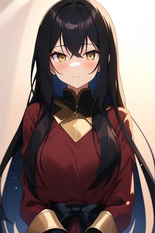 Anime girl with long black hair and dark gold eyes