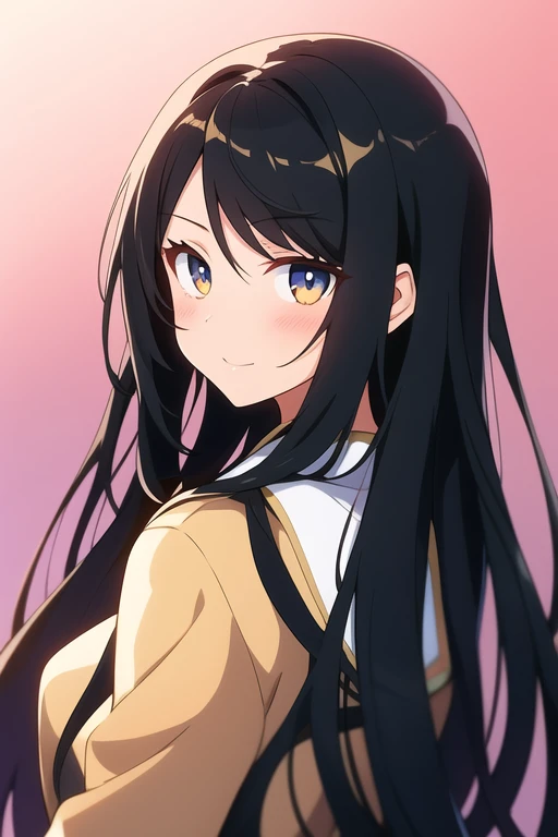 Anime girl with long black hair and dark gold eyes
