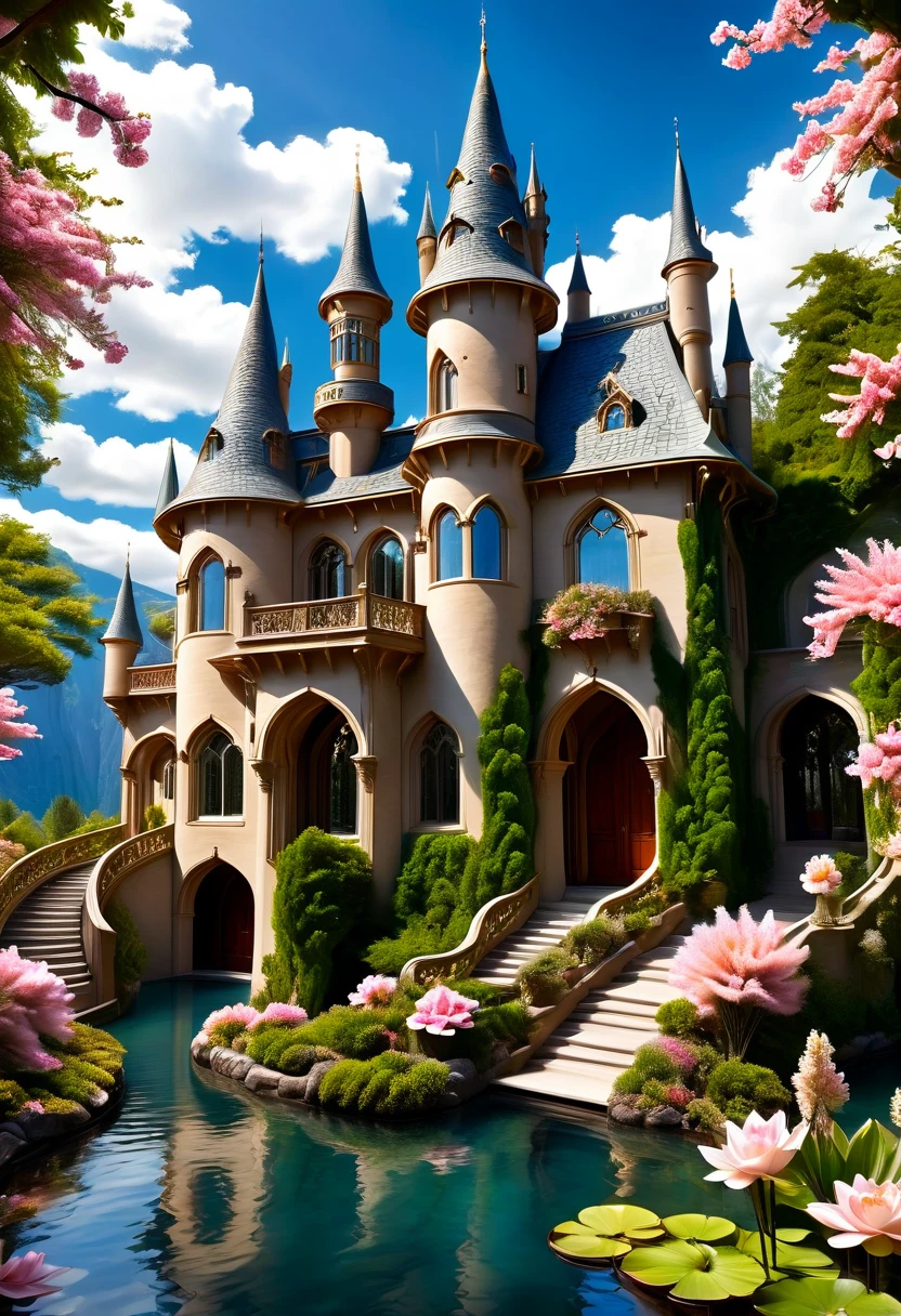 (a dreamy, enchanting castle),(magical, surreal),(vibrant colors),(soft, romantic lighting),(detailed architecture),(fluffy, floating clouds),(majestic, towering turrets),(ornate, intricately carved doors and windows),(lush, green gardens),(mysterious, winding pathways),(sparkling, reflective moat),(dreamlike atmosphere),(fairy-tale setting),(delicate, blooming flowers),(twinkling stars in the night sky),(whimsical, floating lanterns),(glowing, stained glass windows),(shimmering, iridescent surfaces),(impressive, grand staircase),(peaceful, serene ambience).