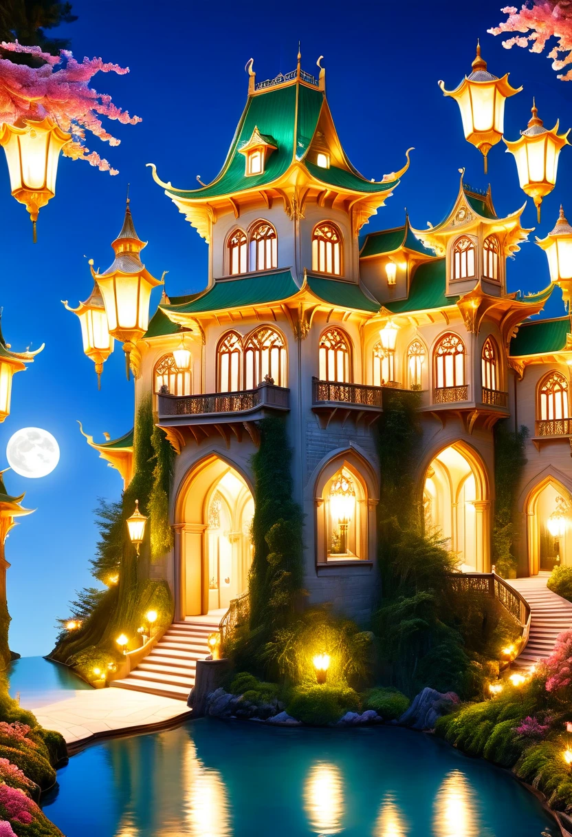 (a dreamy, enchanting castle),(magical, surreal),(vibrant colors),(soft, romantic lighting),(detailed architecture),(fluffy, floating clouds),(majestic, towering turrets),(ornate, intricately carved doors and windows),(lush, green gardens),(mysterious, winding pathways),(sparkling, reflective moat),(dreamlike atmosphere),(fairy-tale setting),(delicate, blooming flowers),(twinkling stars in the night sky),(whimsical, floating lanterns),(glowing, stained glass windows),(shimmering, iridescent surfaces),(impressive, grand staircase),(peaceful, serene ambience).