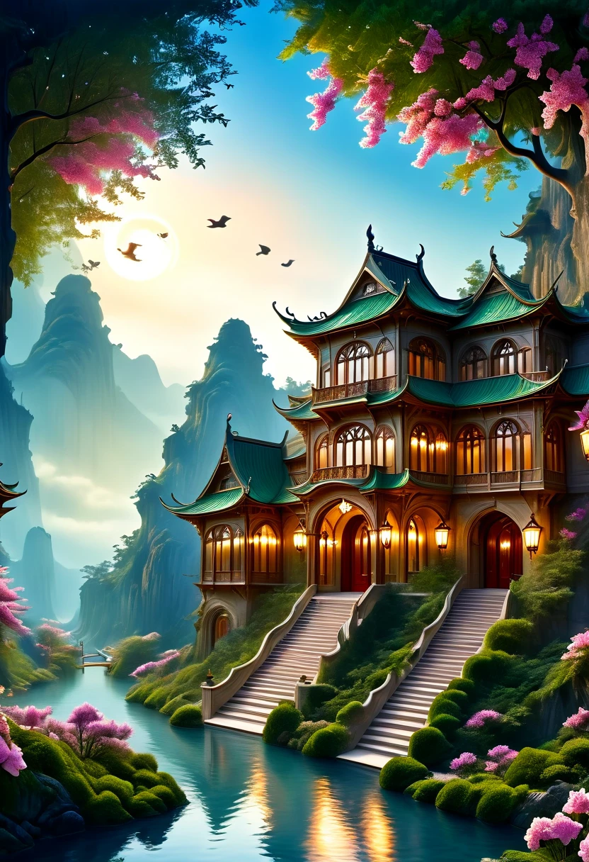 (a dreamy, enchanting castle),(magical, surreal),(vibrant colors),(soft, romantic lighting),(detailed architecture),(fluffy, floating clouds),(majestic, towering turrets),(ornate, intricately carved doors and windows),(lush, green gardens),(mysterious, winding pathways),(sparkling, reflective moat),(dreamlike atmosphere),(fairy-tale setting),(delicate, blooming flowers),(twinkling stars in the night sky),(whimsical, floating lanterns),(glowing, stained glass windows),(shimmering, iridescent surfaces),(impressive, grand staircase),(peaceful, serene ambience).