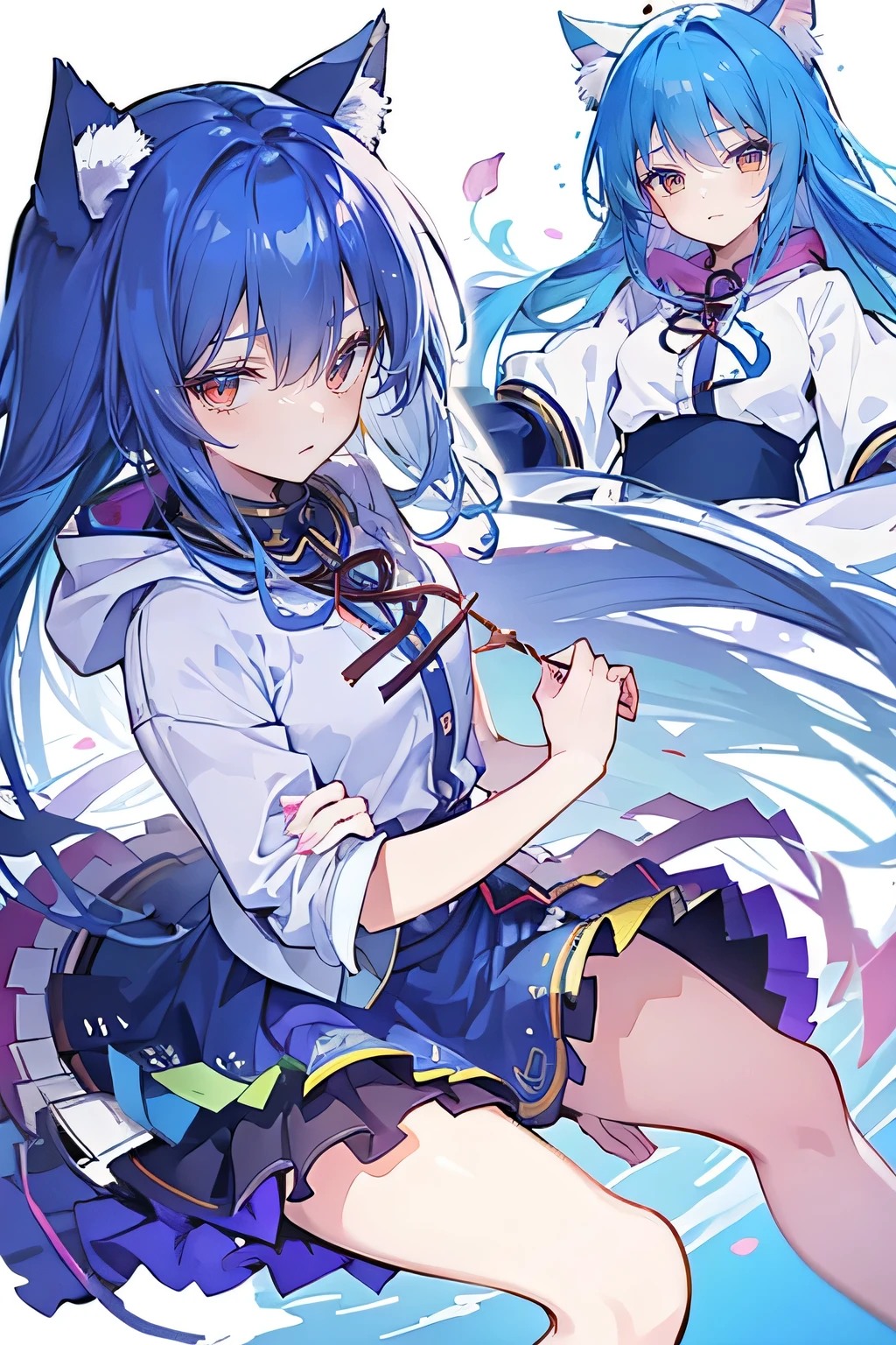 （masterpiece：1.2），Super detailed，lifelike，Expressive eyes，fair skin，perfect face shape，1 girl，
Japanese comics,Gorgeous blue hair,flowing blue hair,flowing clothes,Cat ears,Petals fall,beautiful lola,Baby Angel,
Shaking head with one hand，Cross your legs，Gentle and peaceful background，The pavilion is cool and comfortable,smile, wearing hoodie, background of tokyo,back views.snowing, winter.